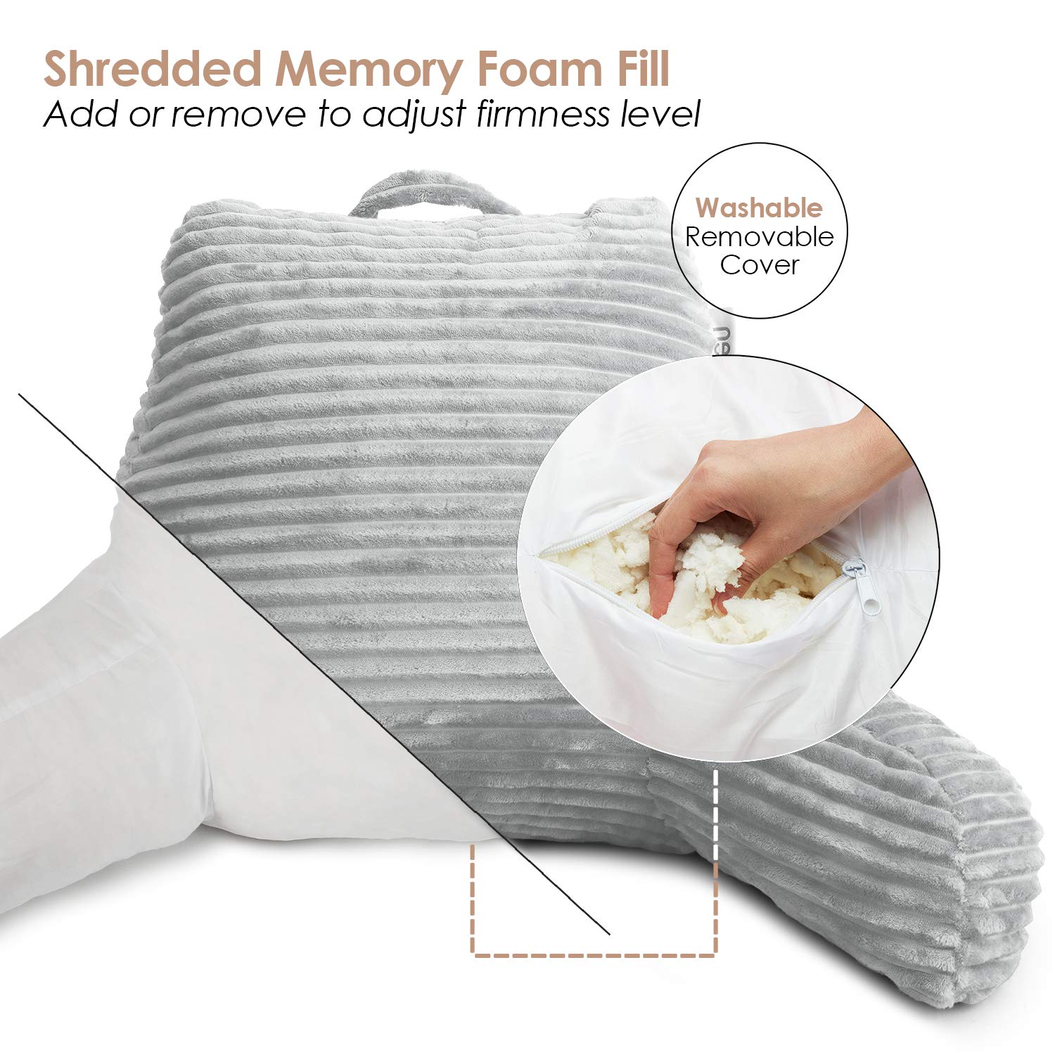 Nestl Reading Pillow for Adults - Plush Back Support Pillow with Shredded Memory Foam, Armrests & Pockets - Perfect for Sitting Up in Bed, Reading, Watching TV, or Relaxing - Silver Bed Rest Pillow