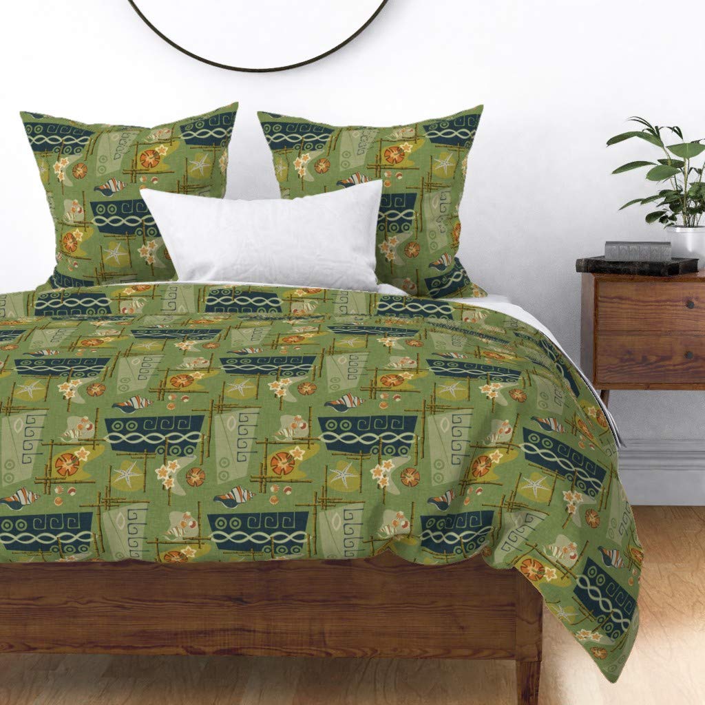 Custom Aloha Green Mid Century Tiki Hawaii Tropical Vintage Print Cotton Sateen Duvet Cover Twin Size | Soft Bedding for Beach House, Vacation Rental & Boho Bedroom Decor