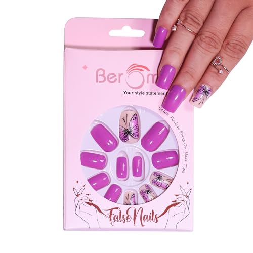 Beromt 12 Pcs Printed False Nails - Cute Multicolor Artificial Nails with Nail Glue & Stickers | Nail Art Kit for Women | Perfect for Parties, Weddings & Everyday Wear