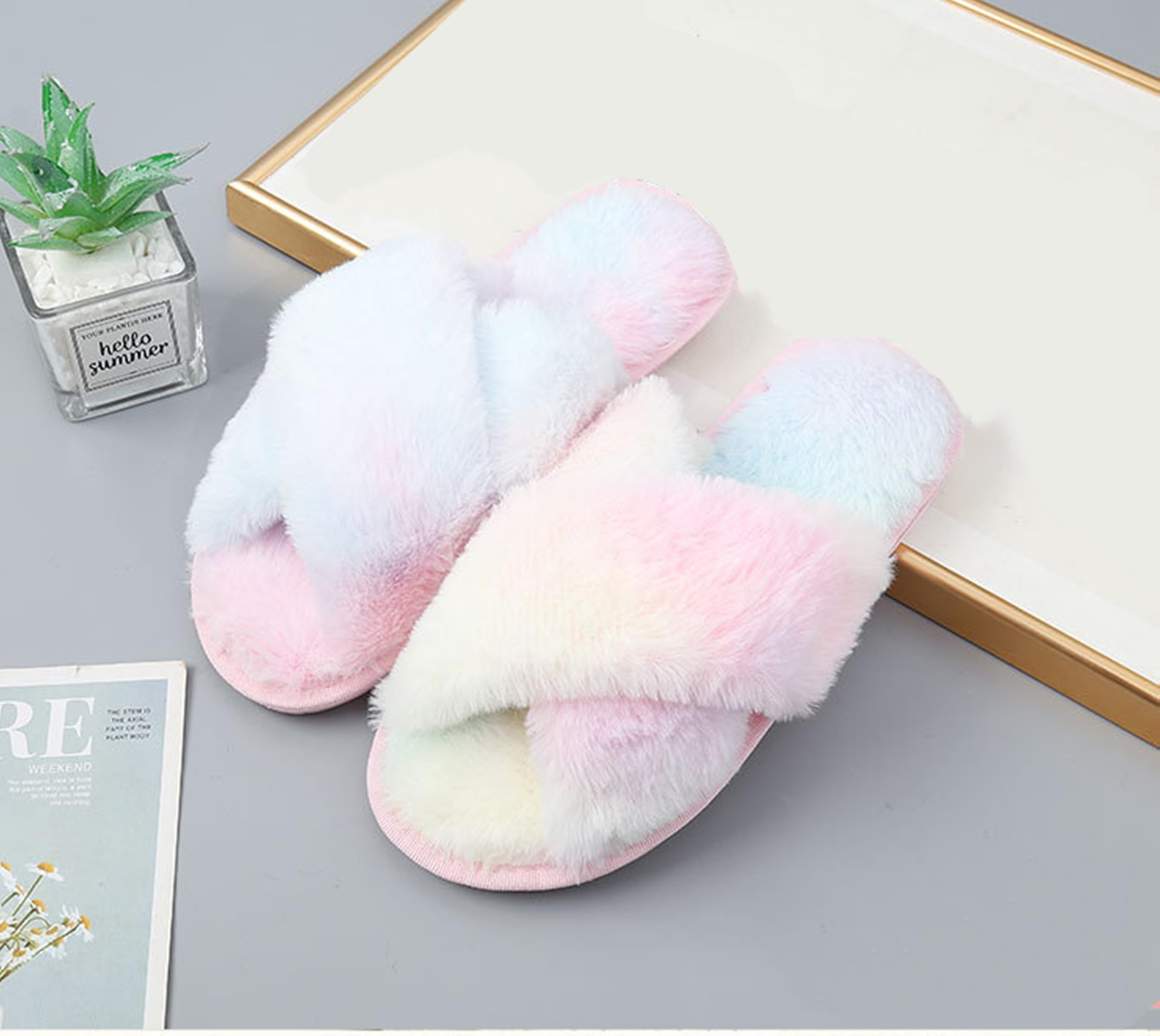Women's Fuzzy Memory Foam House Slippers - Soft Cross Band Open-Toe Indoor Slippers for Comfort & Warmth - Perfect for Relaxing at Home, Lounging & Winter Wear