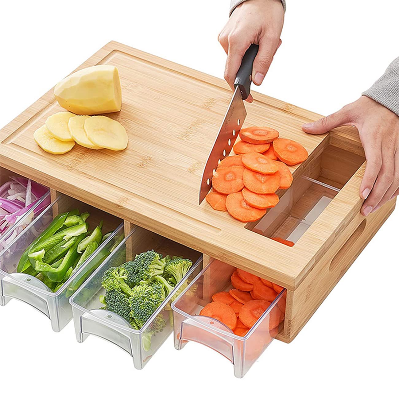 Premium Bamboo Cutting Board with Storage Containers & Lids - 4-in-1 Kitchen Chopping Station with Juice Grooves, 4 Multi-Functional Graters & Food Sliding Opening - Perfect for Meal Prep, Cooking & Entertaining