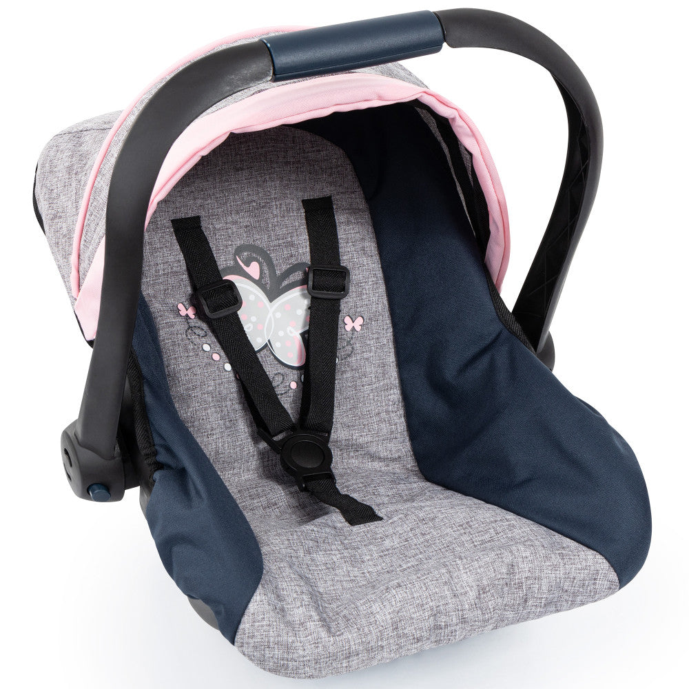 Bayer Design Doll Car Seat with Sunshade - Grey, Blue & Pink Butterfly Patterns | Safe & Comfortable for Baby Dolls | Perfect for Pretend Play, Travel & Nursery Decor