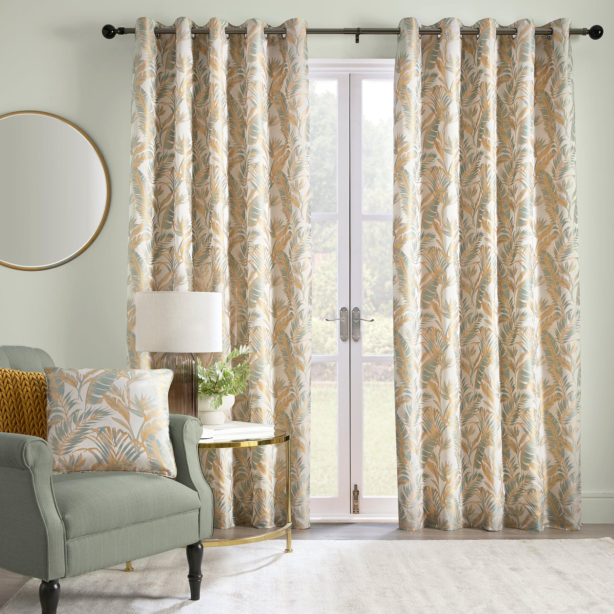 Laurence Llewelyn Bowen Paradise Palm Eyelet Curtains in Duck Egg Blue - Tropical Botanical Window Treatments for Living Room & Bedroom Decor