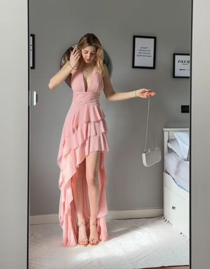 Elegant Deep V Neck Pink Ruffle Prom Dress for Women - Formal Evening Gown for Homecoming, Ball, Party & Special Occasions | Style J5993
