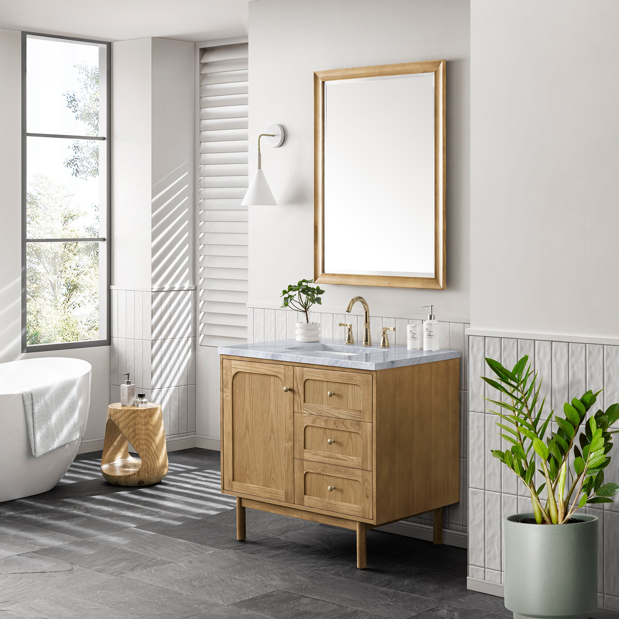 Laurent 36 Inch Single Bathroom Vanity with Light Natural Oak Finish & 3CM Carrara Marble Top - Perfect for Modern Master Bathrooms, Guest Baths & Small Space Remodels