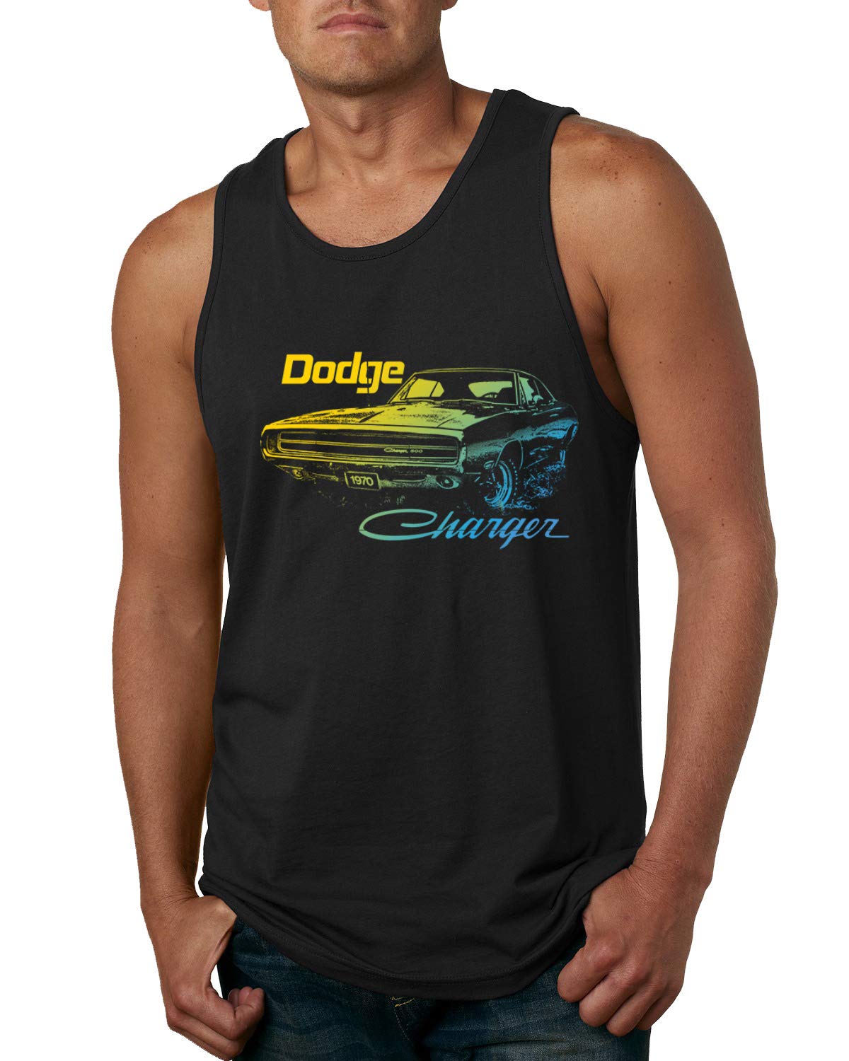 Vintage 1970 Dodge Charger Classic Neon Retro Silhouette Graphic Tank Top for Men - Cool Muscle Car T-Shirt for Car Enthusiasts, Casual Wear & Car Show Events