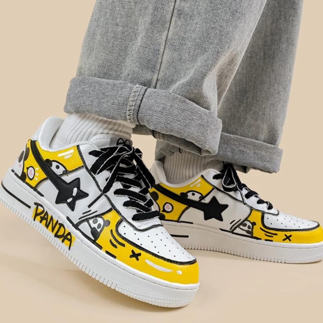 Bobo's House Unisex Hand-Painted Panda Sneakers - Yellow & White Chunky Vegan Leather Fashion Shoes for Women & Men | Comfortable Walking Shoes, Kawaii Accessories | Perfect for Casual Wear, Street Fashion & Anime Conventions