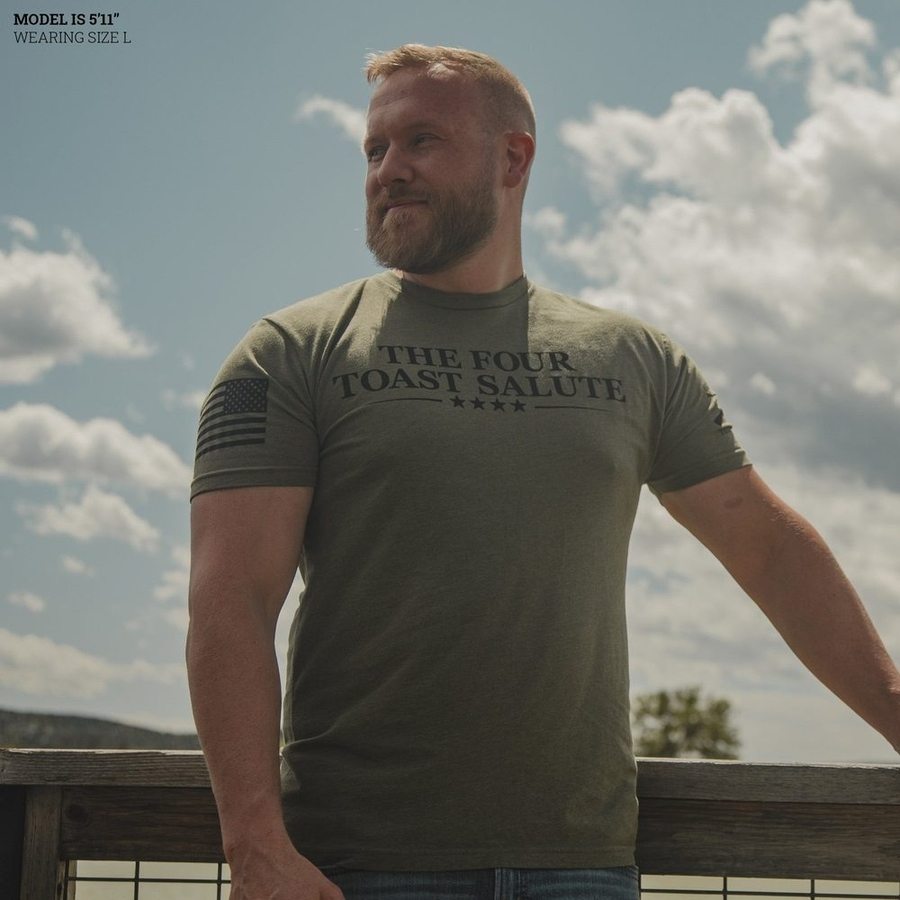 The Four Toast Salute Military Green T-Shirt - Funny Military Apparel for Veterans & Active Duty - Perfect for Army Parties, Veteran Events & Casual Wear