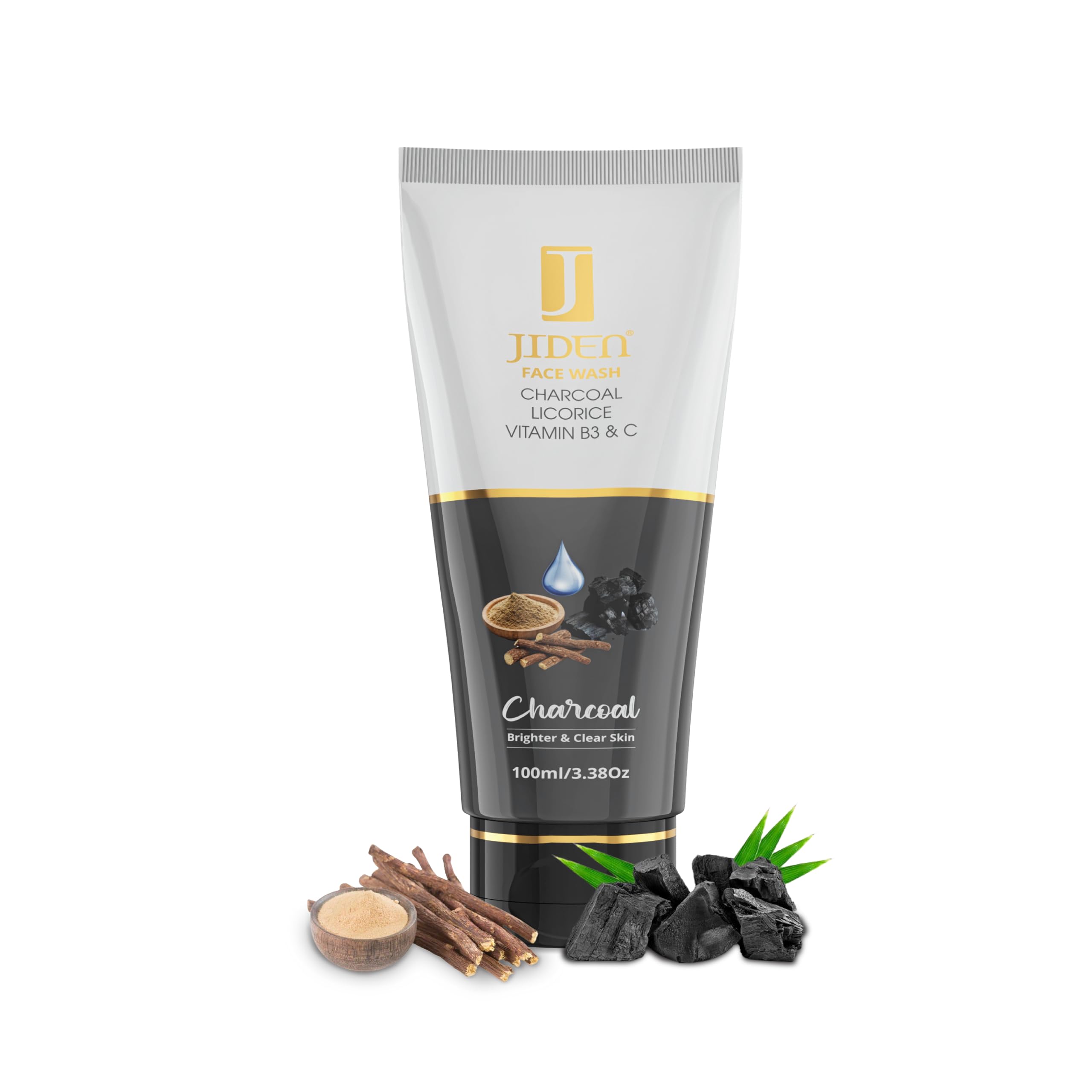 JIDEN Charcoal Face Wash 100ml - Licorice & Niacinamide Cleanser for Brighter Skin, Vitamin C Facial Wash for Men & Women - Reduces Dark Spots & Blackheads, All Skin Types - Perfect for Daily Skincare & Acne-Prone Skin