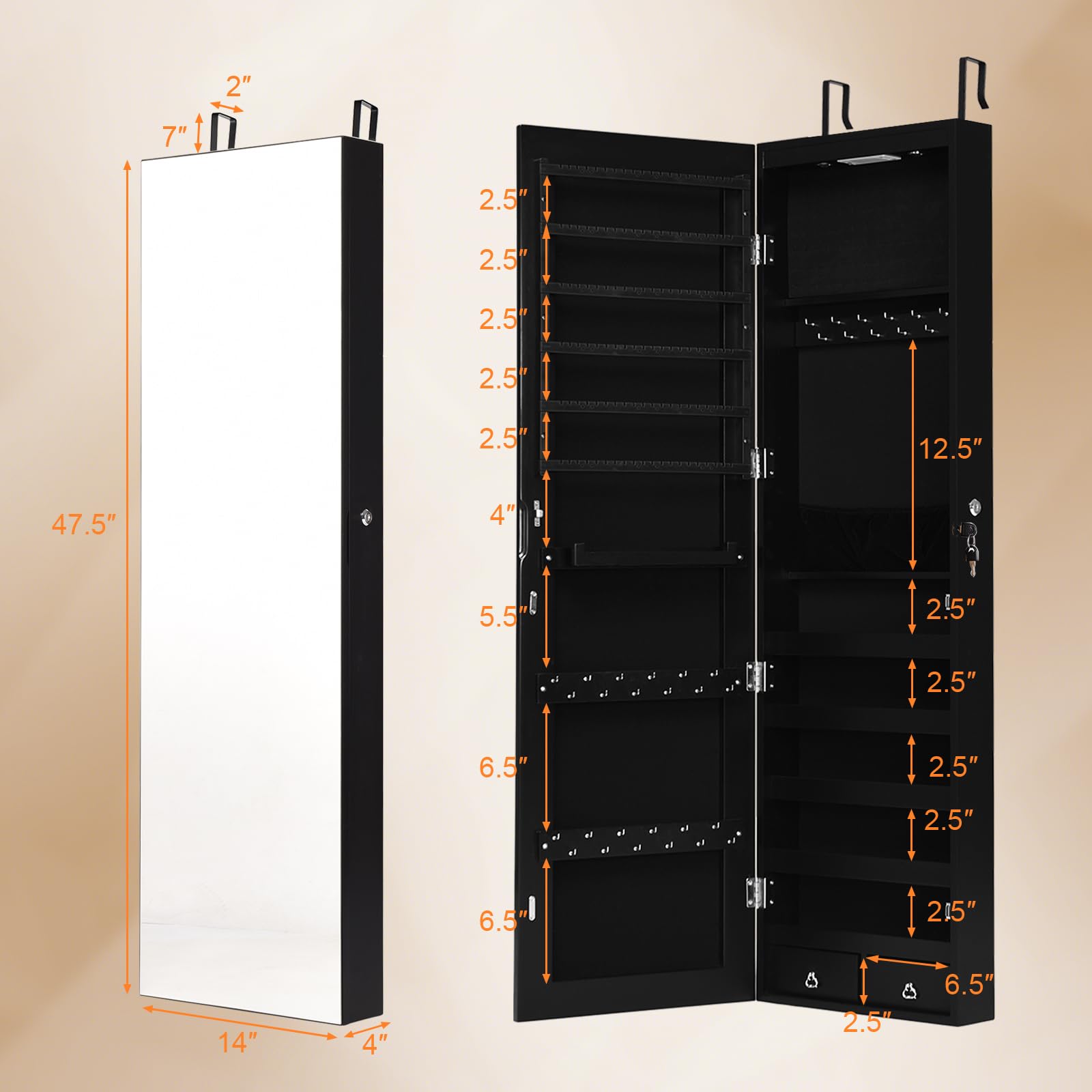 NAFORT 2 LED Jewelry Cabinet with Mirror - 47.5