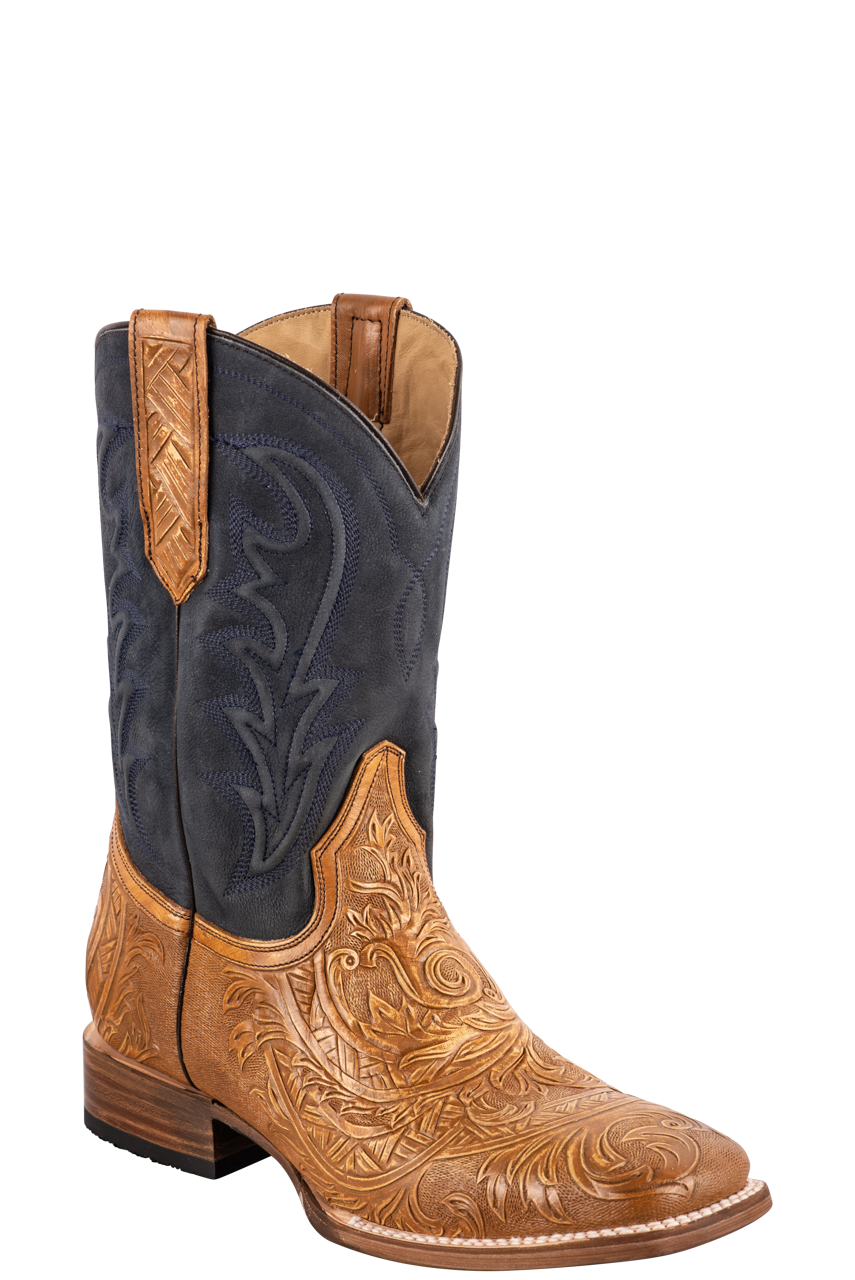 Stetson Men's Handcrafted Goat Leather Cowboy Boots - Tan & Blue - Western Style for Rodeo, Country Music Festivals & Outdoor Adventures