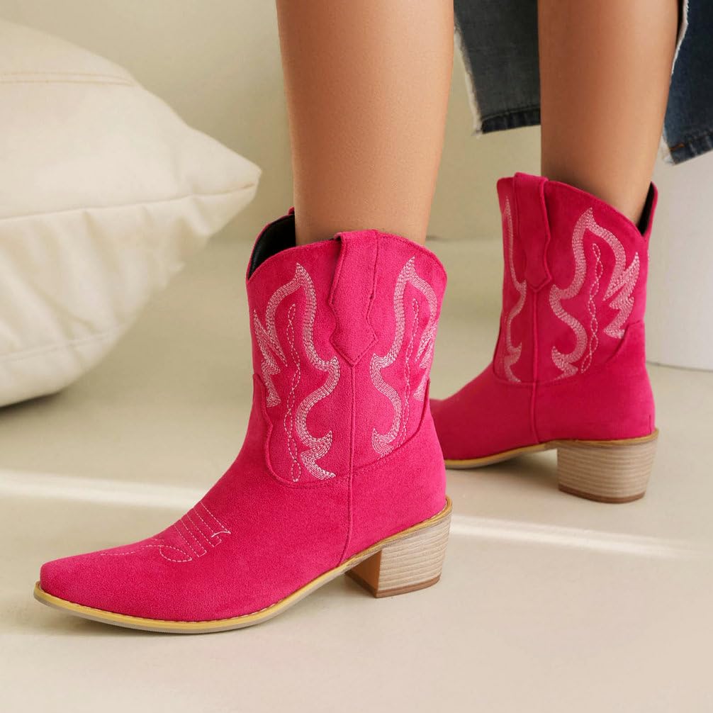 KOKOMOMO Women's Suede Embroidered Cowgirl Boots - Low Heel Western Ankle Boots with Pull-On Design for Country Dancing, Rodeo & Casual Outfits
