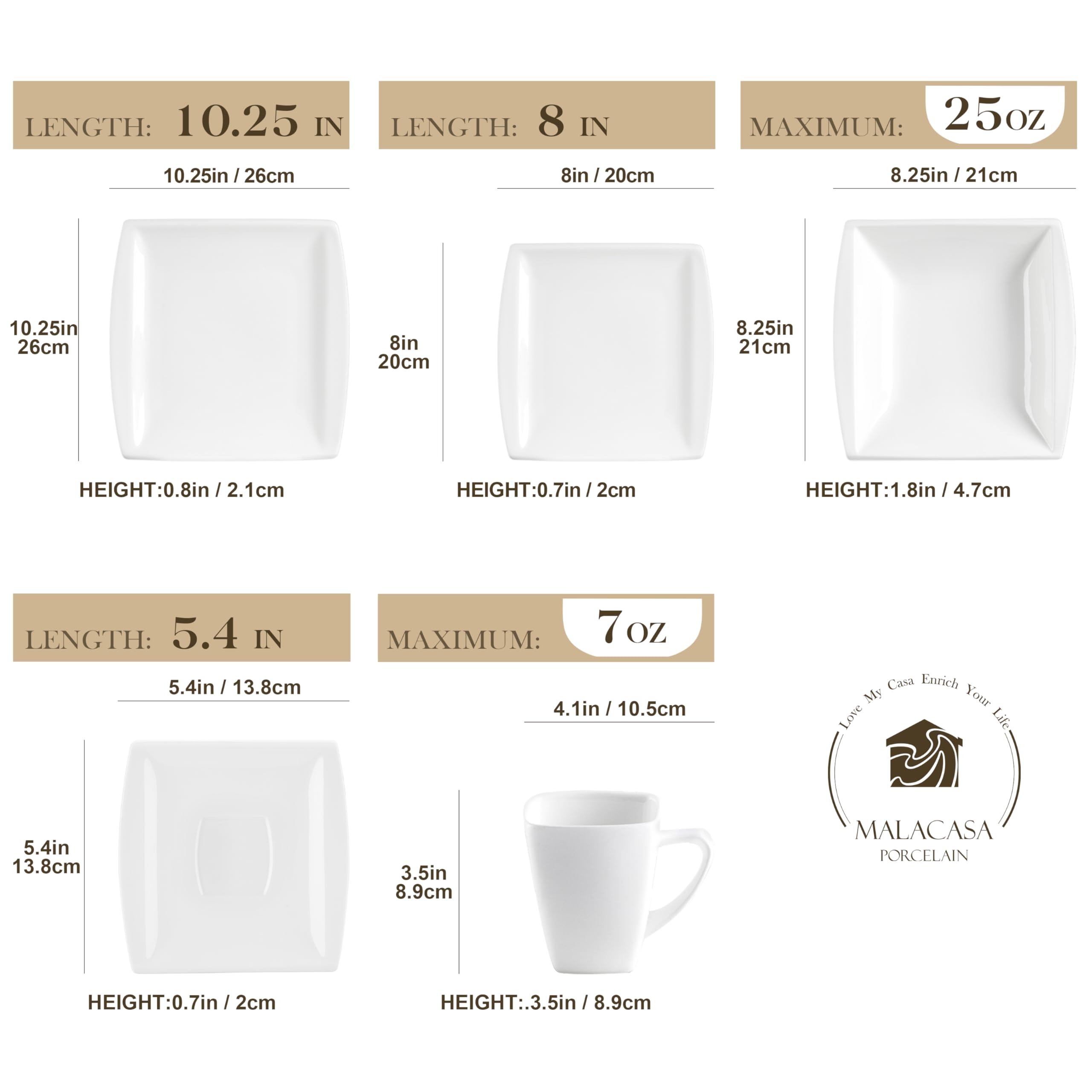 MALACASA 60-Piece Ivory White Porcelain Dinnerware Set for 12 - Square Plates, Bowls, Cups & Saucers - Modern Dining Ware Collection - Perfect for Family Gatherings, Dinner Parties & Restaurant Use
