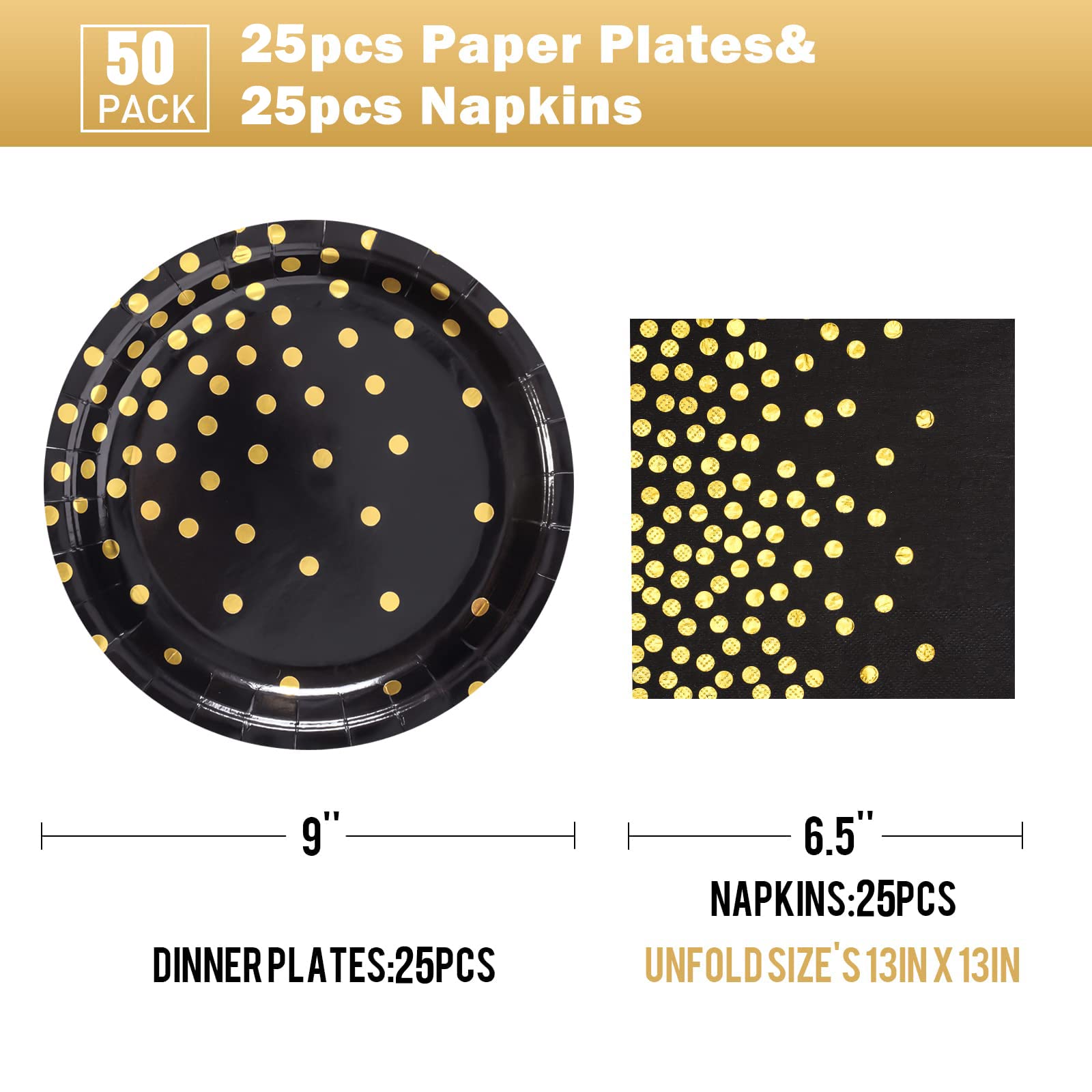 Premium Black and Gold Paper Plates Set - 50 Pack (25 x 7