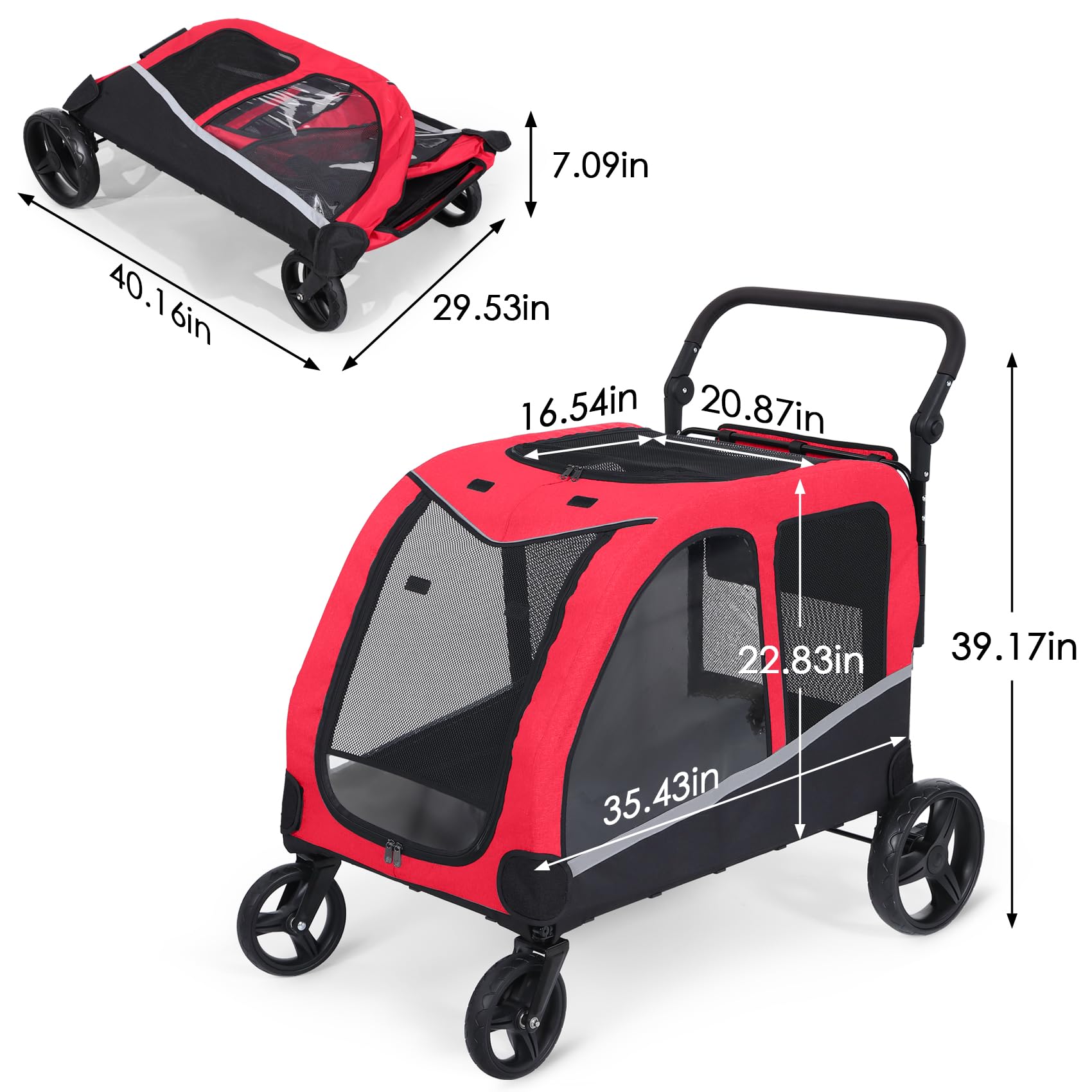 Extra Large Dog Stroller for 2 Dogs - Heavy Duty Pet Wagon & Carriage up to 160 lbs, Foldable Design with Adjustable Handle & Storage Pocket (Red) - Perfect for Walking, Shopping & Outdoor Adventures with Your Pets