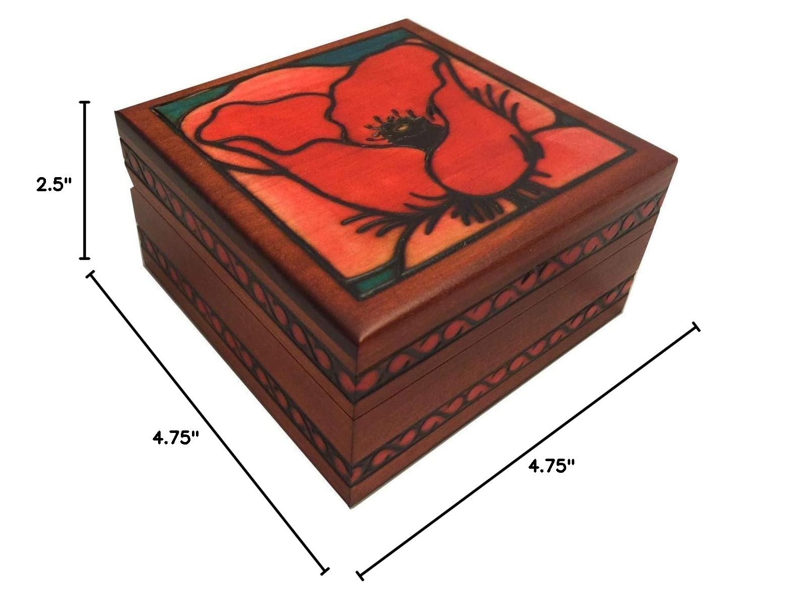 Handmade Wooden Decorative Box with Red Poppy Design - Jewelry Keepsake & Gift Box for Home Decor, Wedding Favors, and Storage (6x4 Inches)