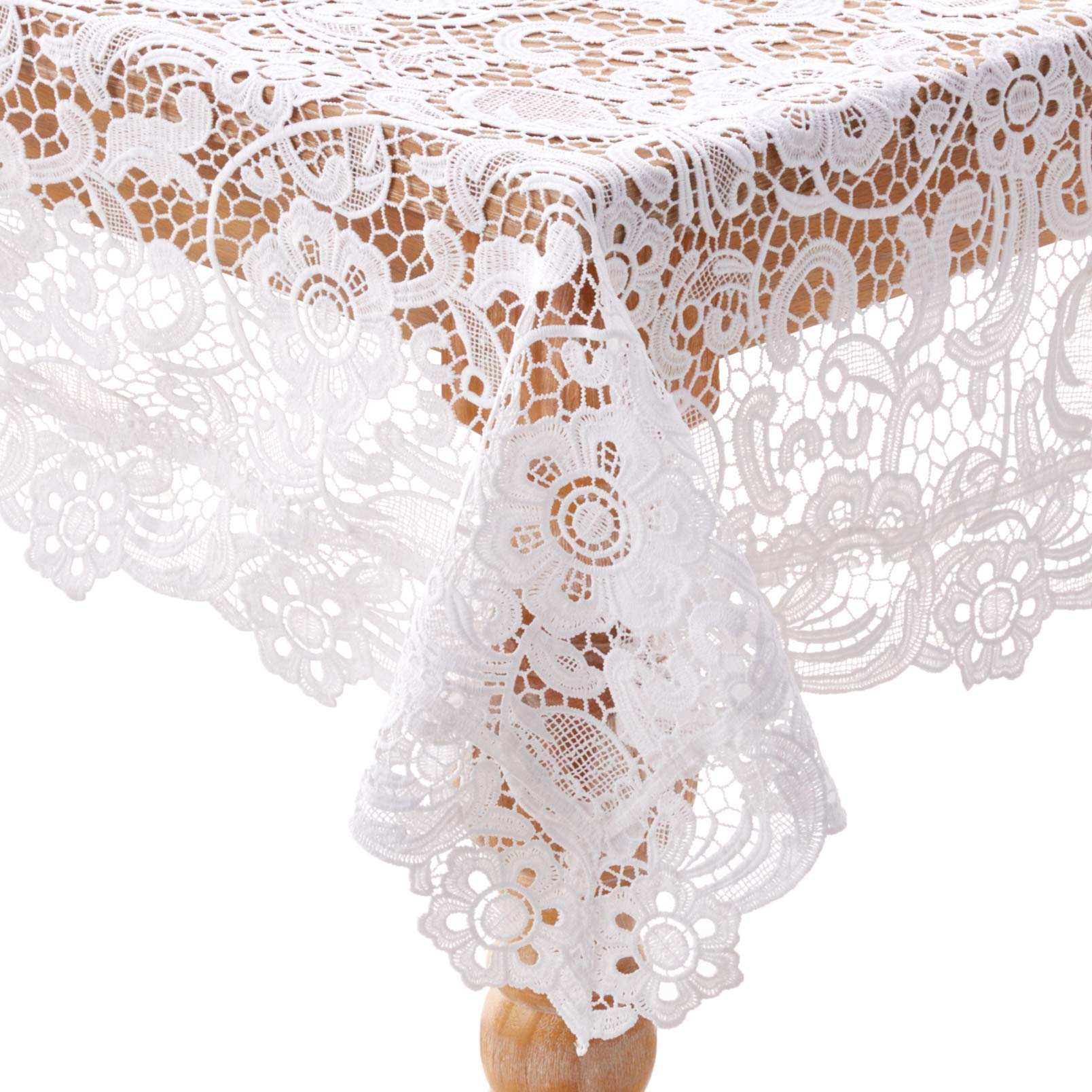 Vintage Floral Lace Tablecloth - 70x108 Inch White Linen Daisy Table Cover for Dining Room, Kitchen, Wedding & Home Decor