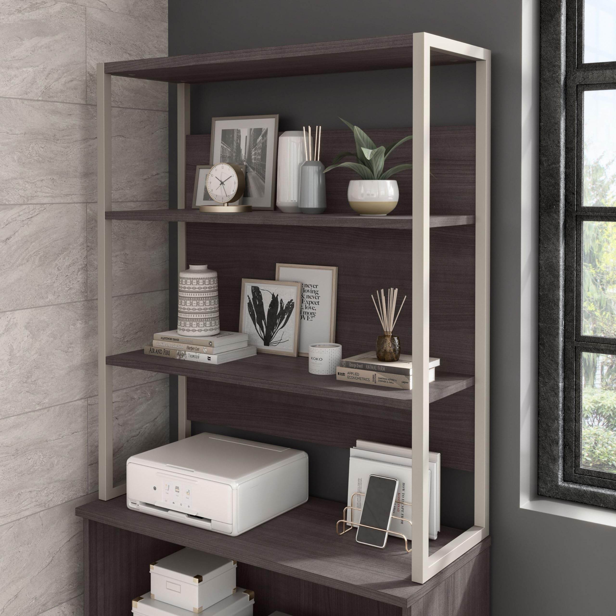 Bush Business Furniture Hybrid Tall Etagere Bookcase - 5-Shelf Storage Unit in Storm Gray for Office, Living Room & Home Organization