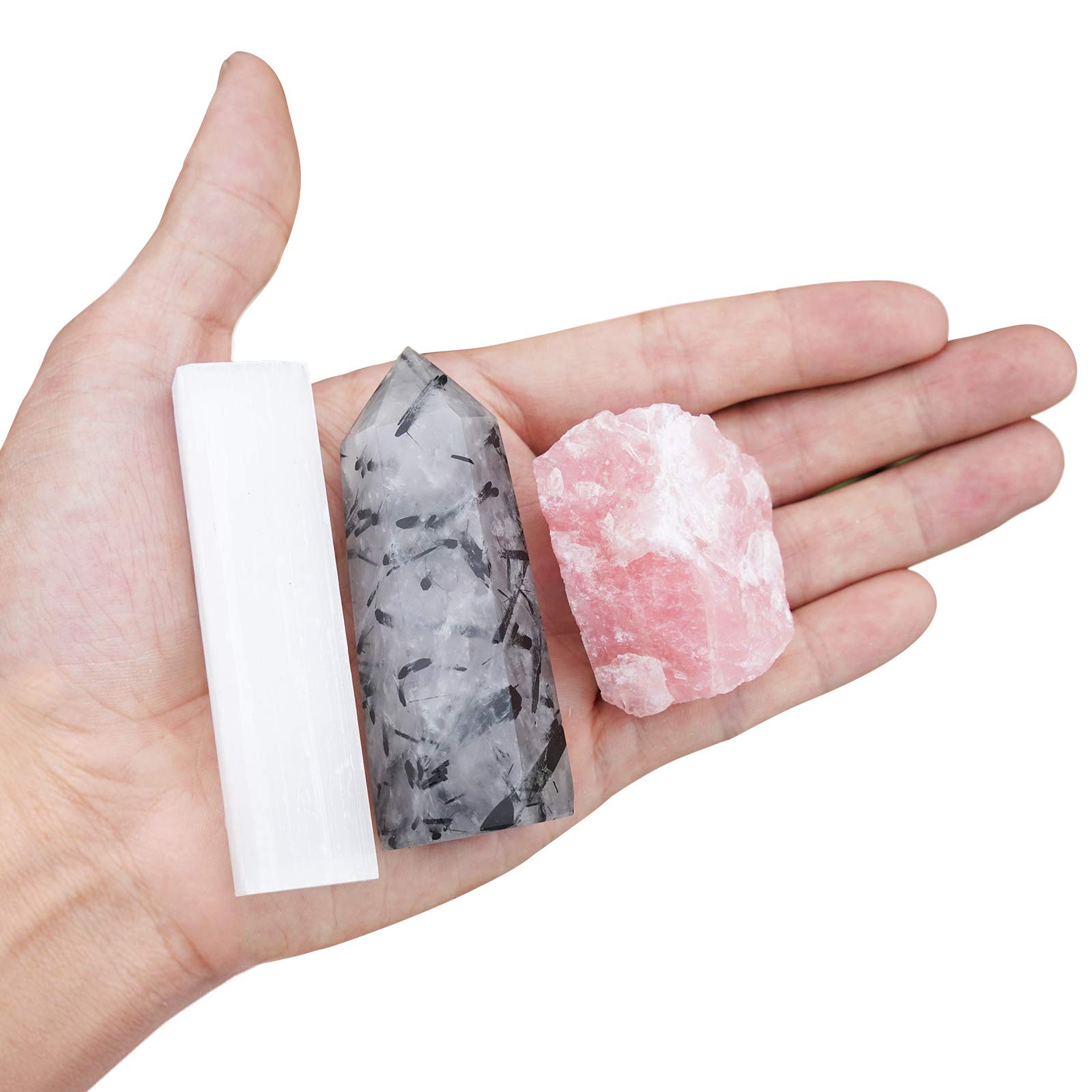 Natural MIMOSA Healing Crystal Wand - Tourmalinated Quartz, Raw Rose Quartz & Selenite for Energy Cleansing, Chakra Balancing & Meditation | Perfect for Reiki, Yoga & Spiritual Healing