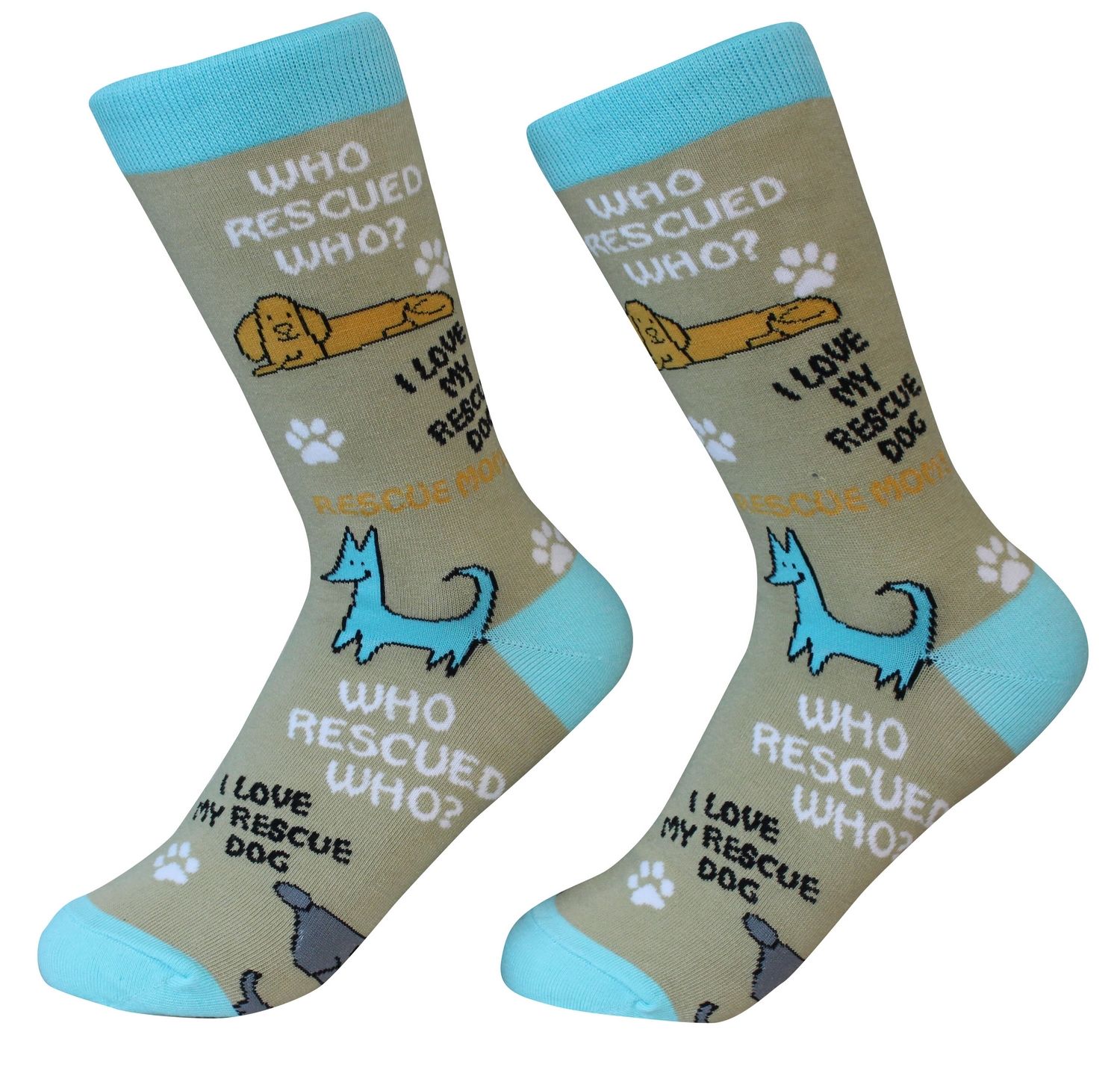 Who Rescued Who? Funny Animal Rescue Socks - Unisex Crew Socks for Dog & Cat Lovers - Perfect Gift for Pet Owners & Adoption Supporters