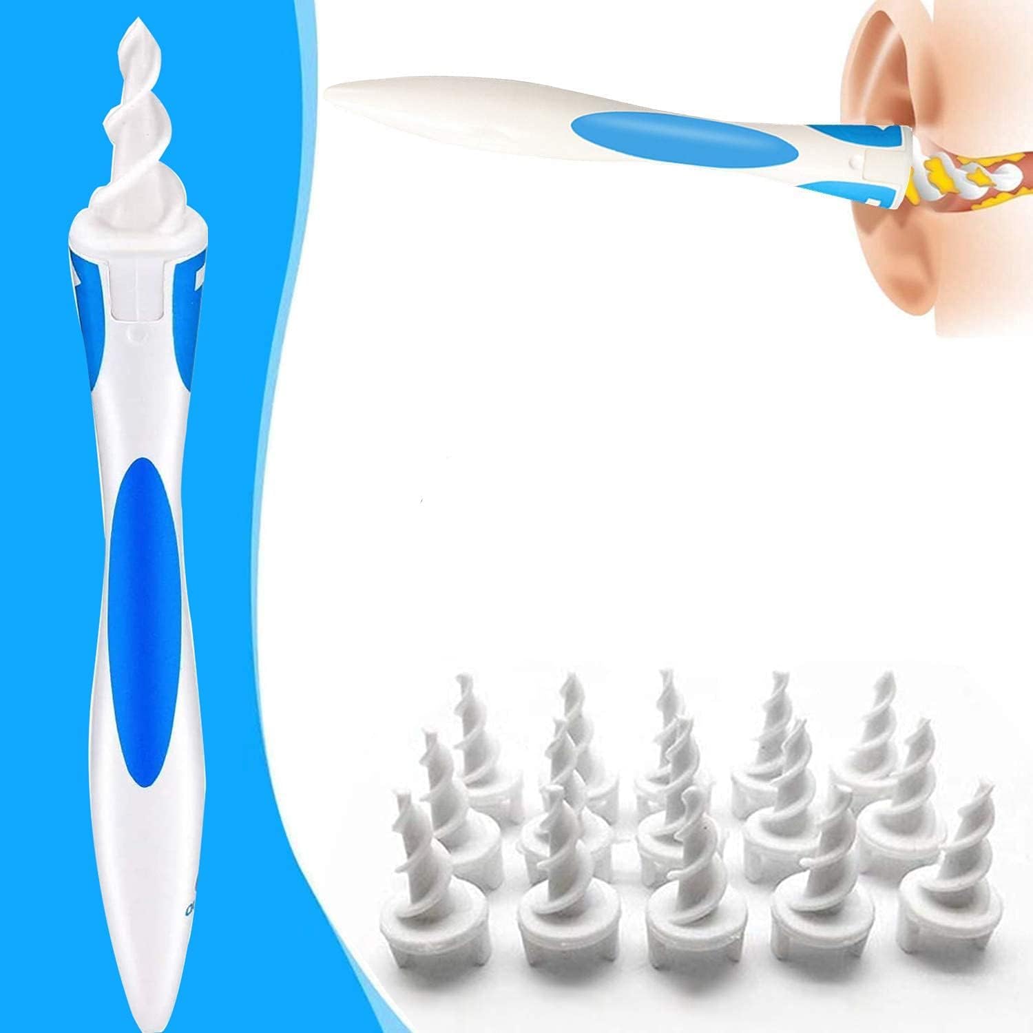 QGrips Earwax Removal Tool - Reusable Spiral Ear Cleaner Kit with 16 Soft Flexible Replacement Tips | Safe Ear Wax Removal for Adults & Kids | Perfect for Travel, Home & Daily Hygiene Care