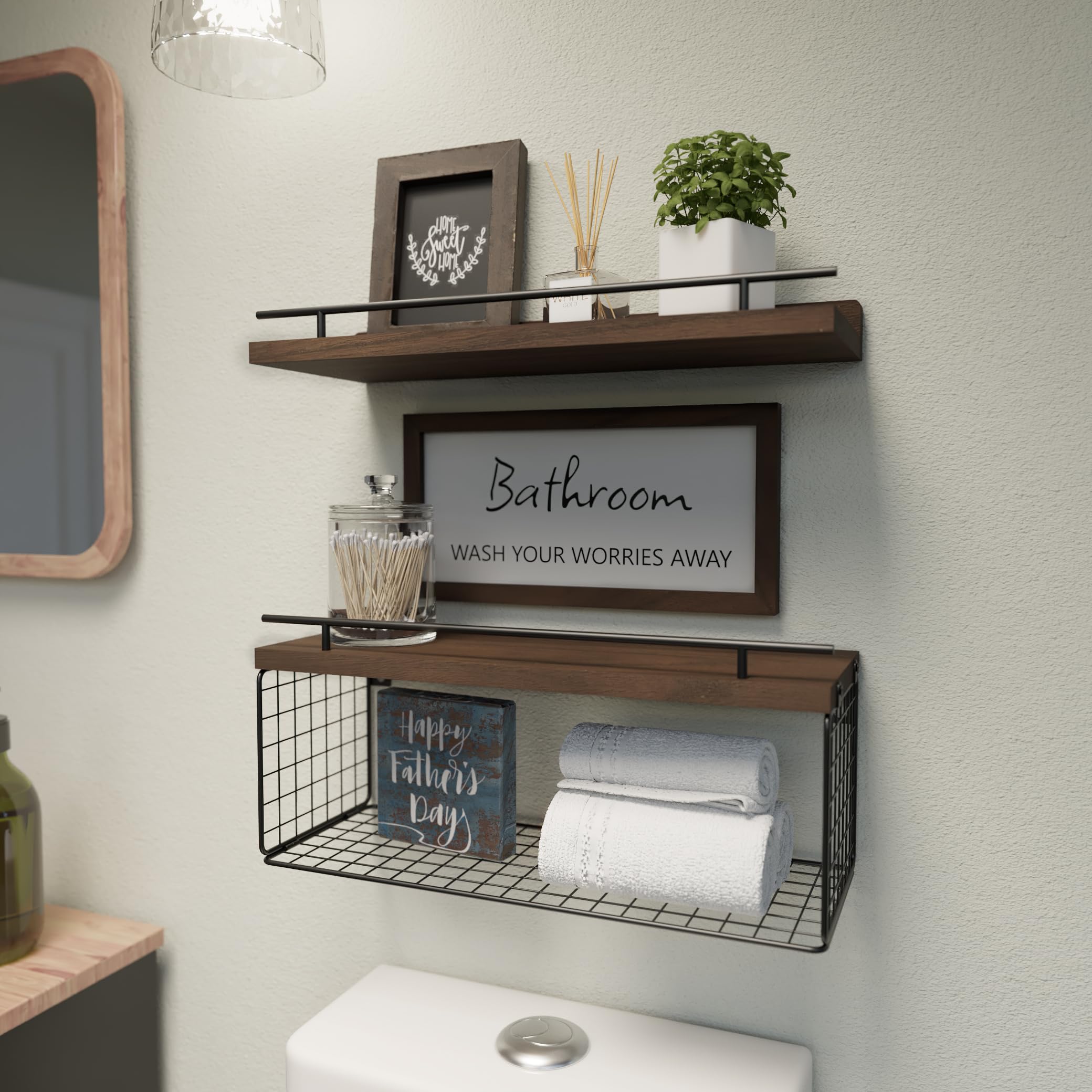 WOPITUES Floating Shelves for Bathroom - Rustic Brown Wood Wall Shelves with Metal Guardrail, Bathroom Storage Organizer for Over Toilet - Perfect for Towels, Plants & Decor