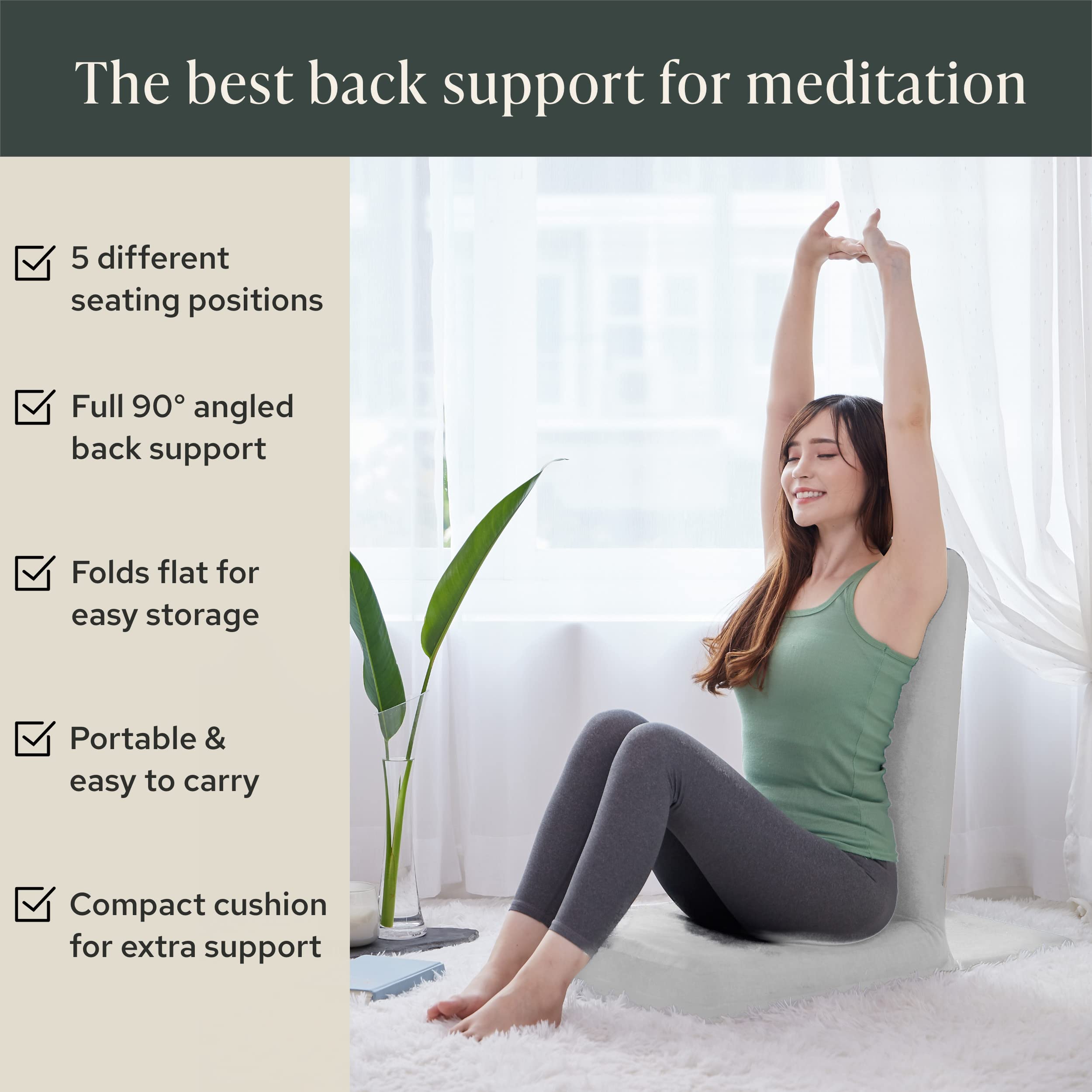 Mindful Modern Folding Meditation Chair with Back Support - Adjustable Floor Seat for Yoga & Zen Practice - Includes Half Moon Buckwheat Cushion - Perfect for Living Room, Bedroom & Meditation Spaces