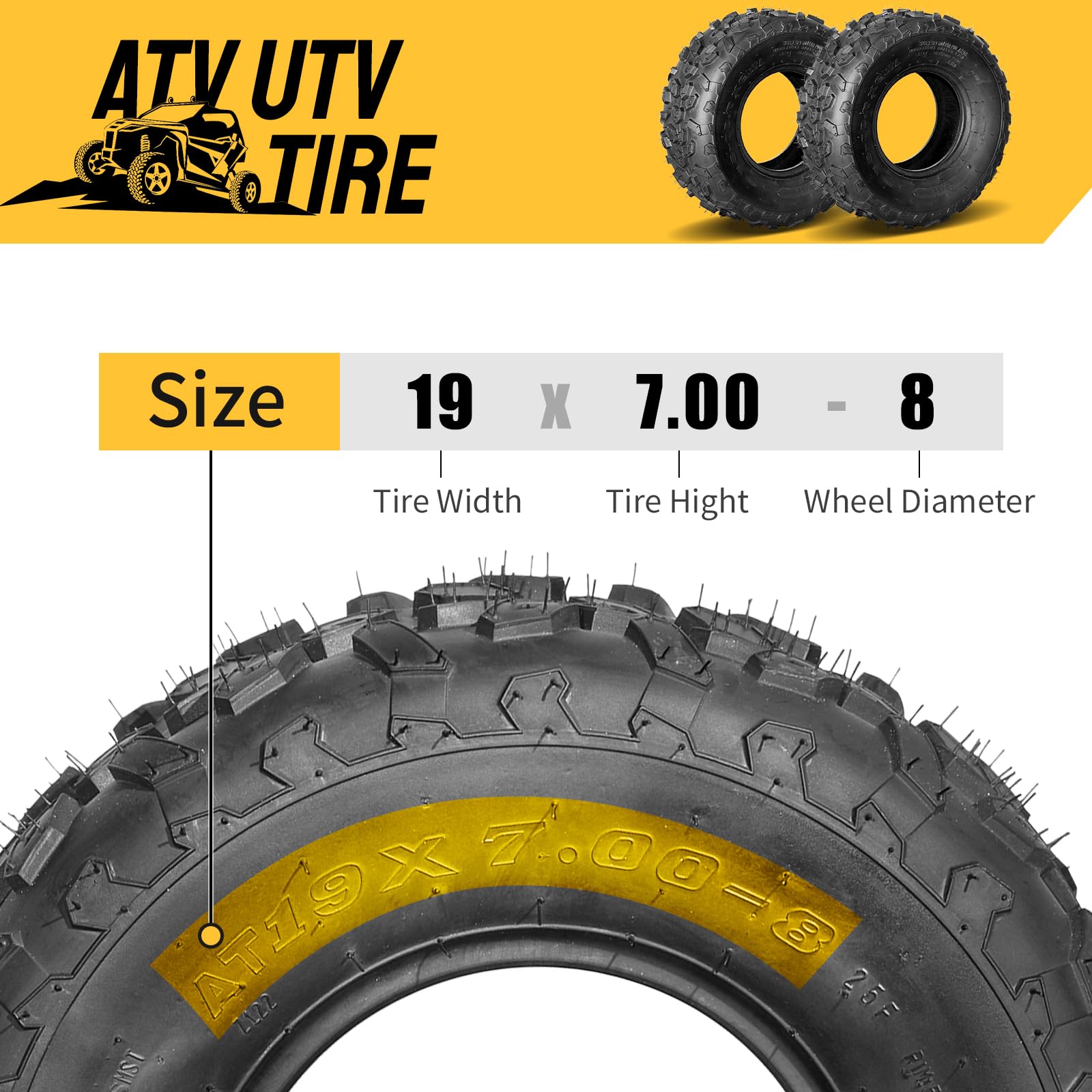 2 Pcs ATV/UTV Sport Tires 19x7.00-8 All Terrain Tubeless Tires 19x7x8 4PR - Heavy Duty Off-Road Tires for ATV, UTV, Golf Carts & Lawn Tractors - Perfect for Mud, Sand, Snow & Rocky Terrains