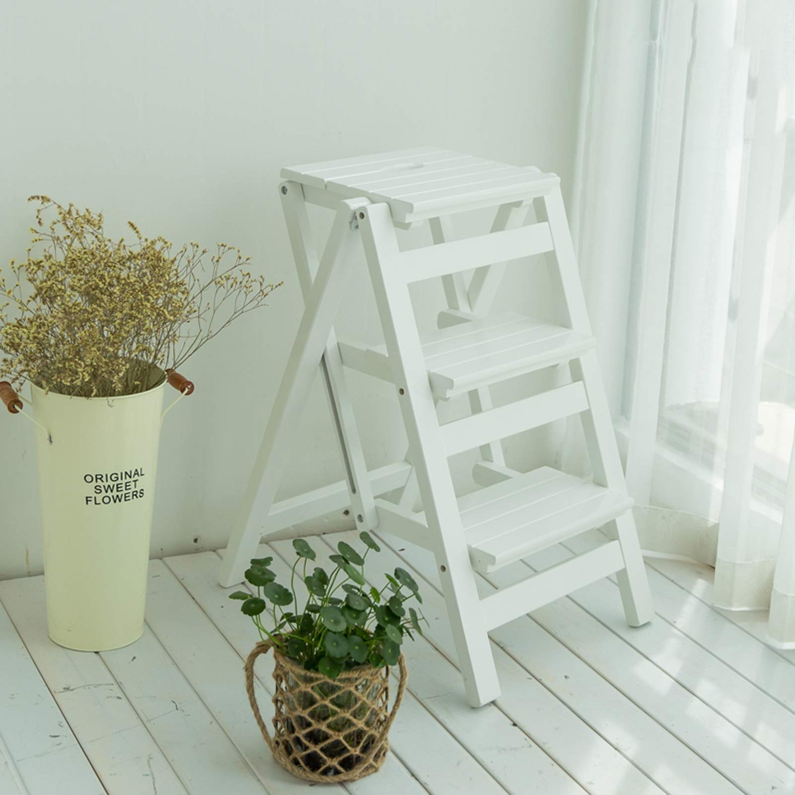 White 3-Step Solid Wood Folding Ladder Chair - Multifunctional Step Stool, Shelf, Shoe Bench & Flower Stand for Indoor & Outdoor Use - Perfect for Home, Garden, and DIY Projects