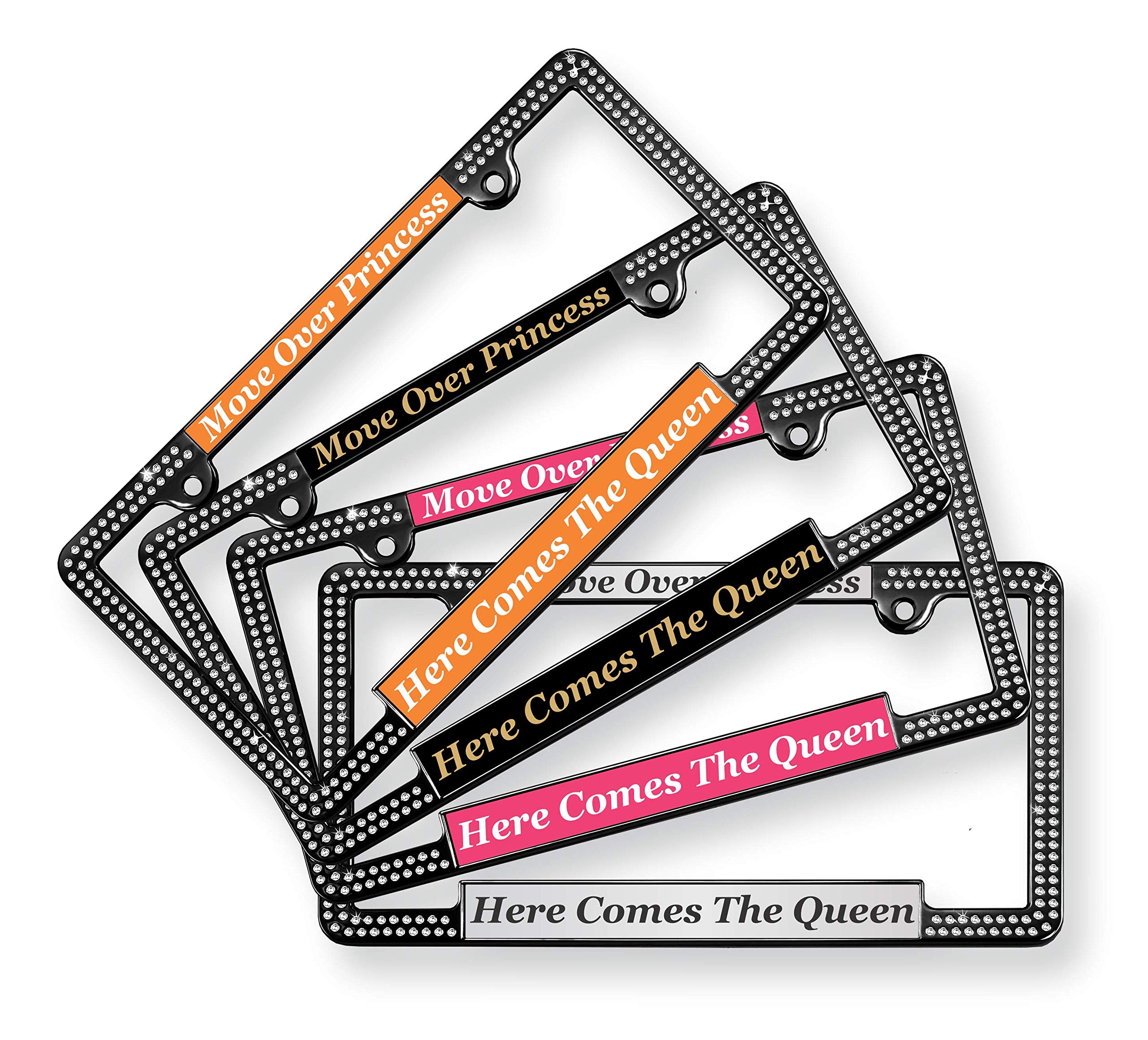 Custom Laser Engraved Black & Gold License Plate Frame with Clear Crystals - Personalized Text Design, Free Caps - Perfect for Cars, Trucks, and Motorcycles
