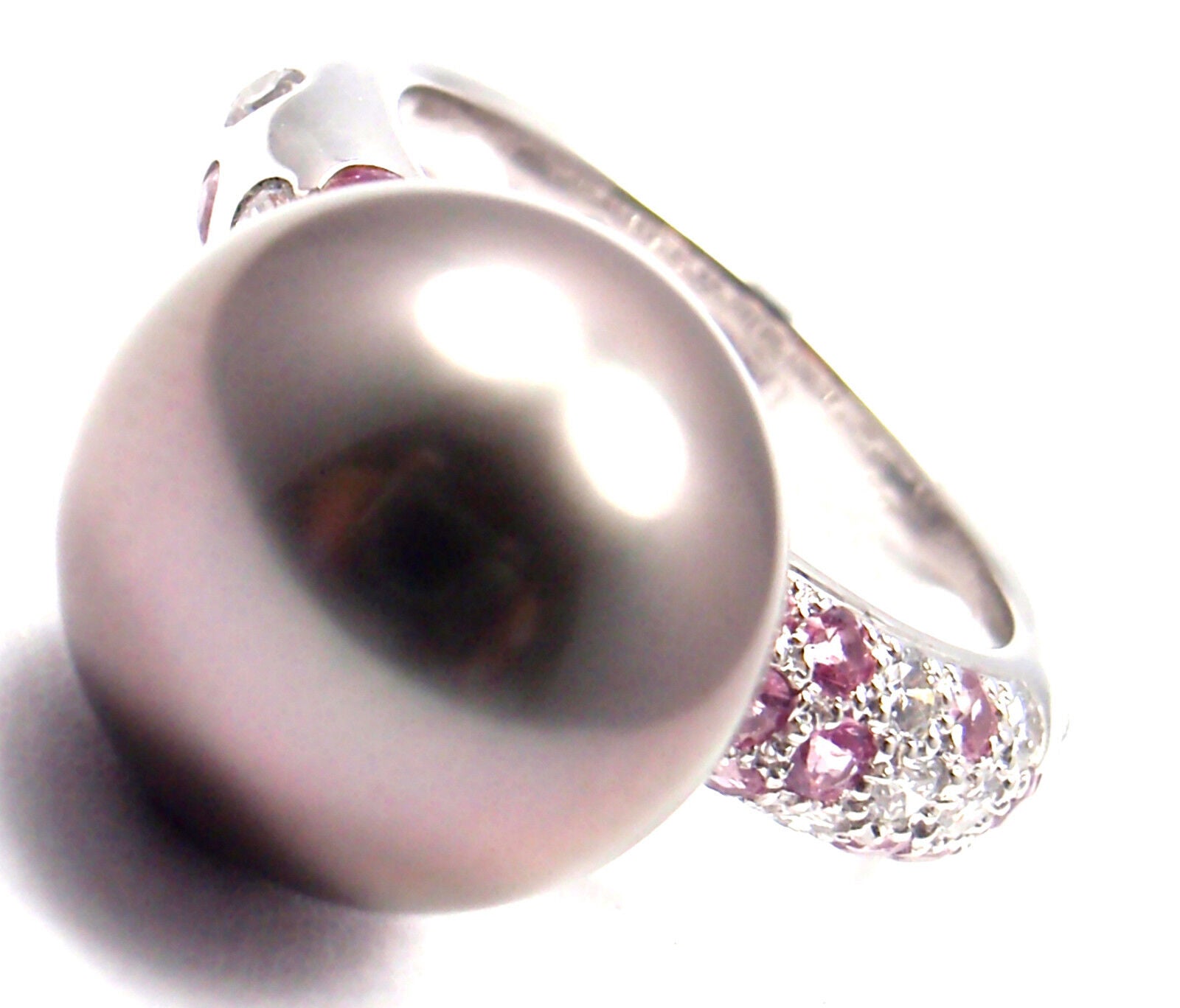 Authentic Cartier 18K White Gold Tahitian Pearl Diamond Pink Sapphire Ring for Women - Luxury Jewelry Gift for Anniversary, Valentine's Day & Special Occasions