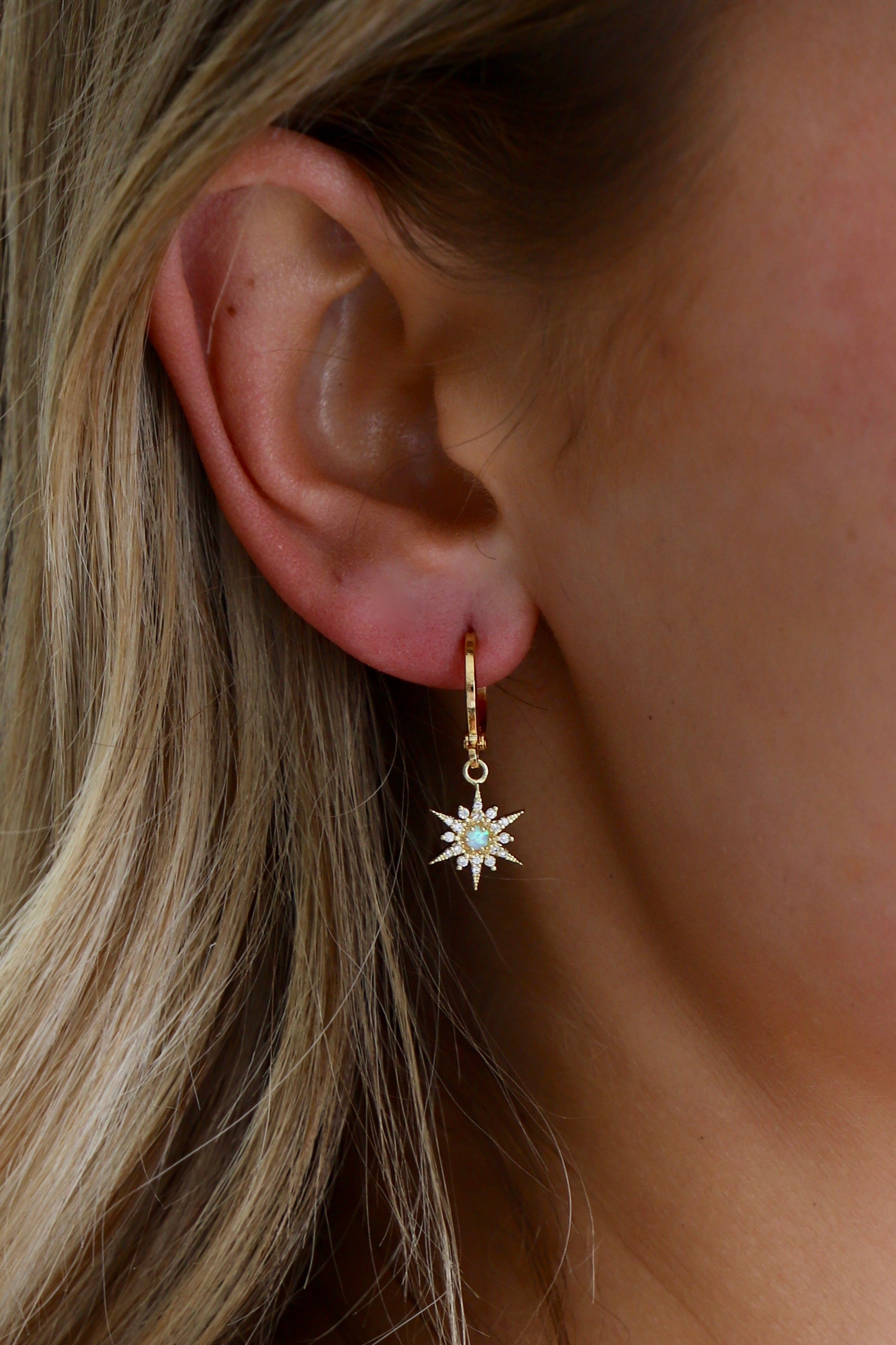Opalite Starburst Huggie Earrings for Women – Hypoallergenic Clip-On Hoops for Sensitive Ears – Perfect for Parties, Weddings & Everyday Wear