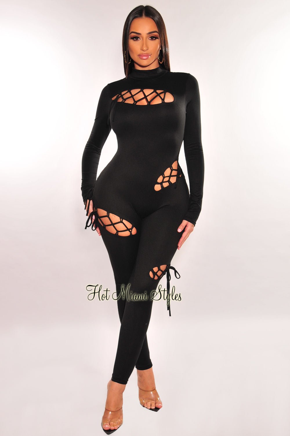 Black Mock Neck Cut Out Lace Up Long Sleeve Jumpsuit for Women - Sexy Bodycon Romper with Side Tie Detail - Perfect for Date Night, Clubwear and Evening Parties