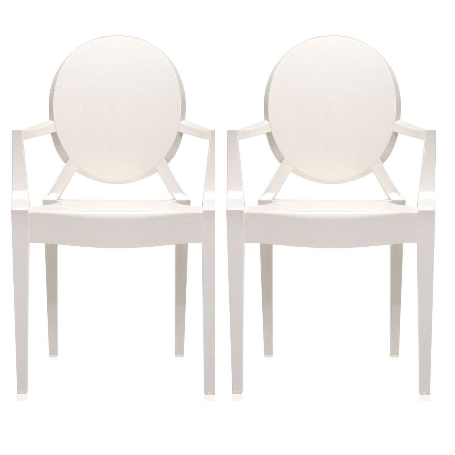 2xhome - Set of 2 White Louis Style Ghost Armchairs - Modern Dining Room Chairs with Arms, Accent Seating for Living Room, Lounge & Home Decor