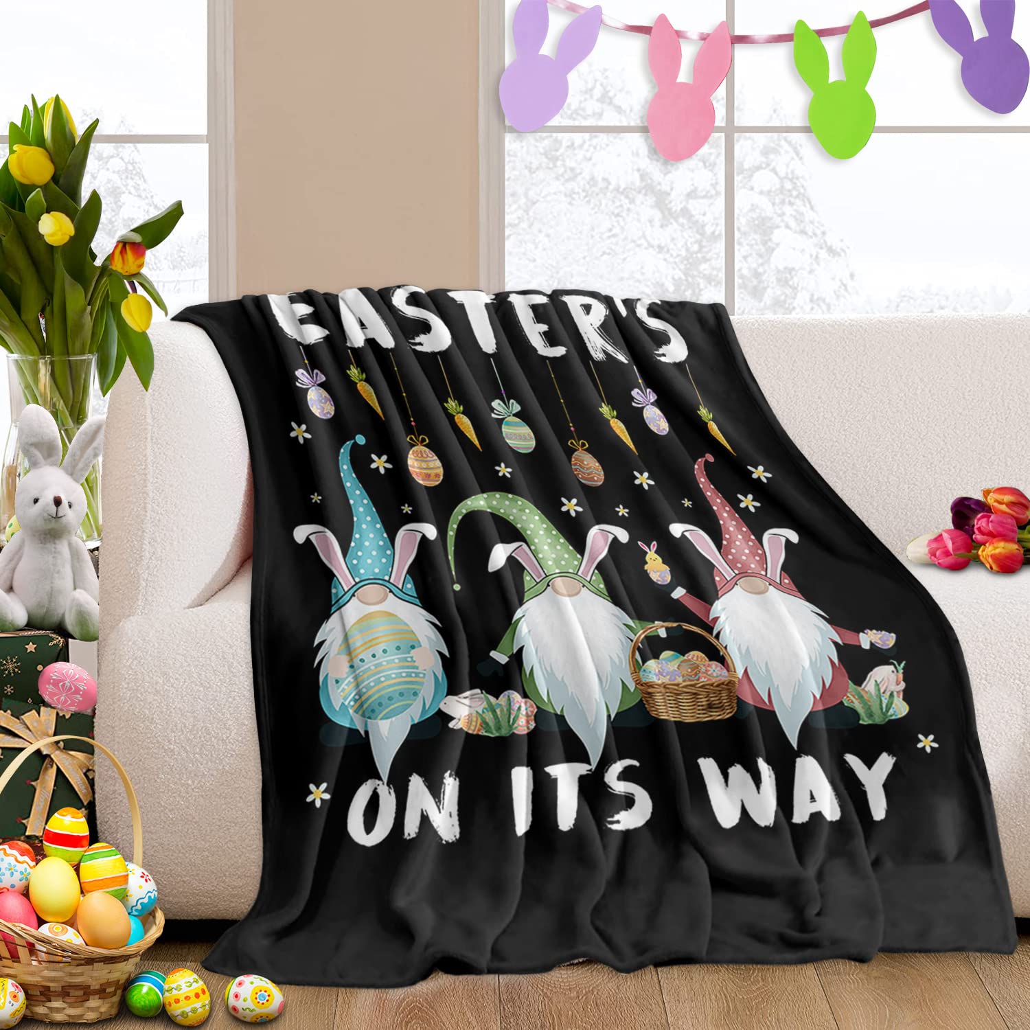 Happy Easter Gnomes & Eggs Carrot Throw Blanket - Soft Fuzzy Microfiber Luxury Bed Cover for Couch, Sofa, Chair - Perfect for Travel, Camping, Stadium & Home Decor - Black