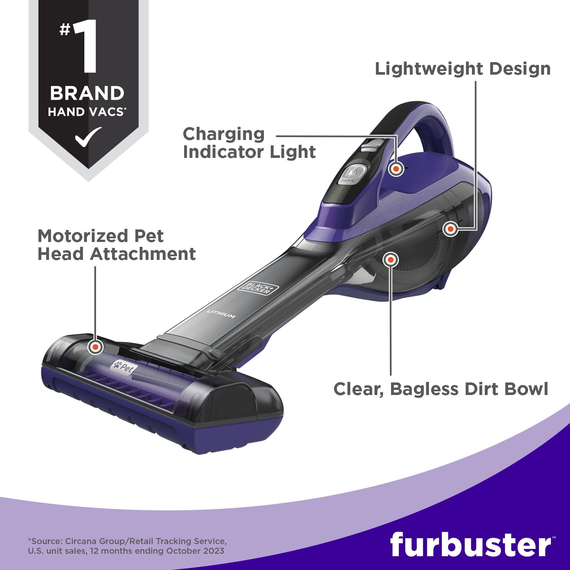 BLACK+DECKER Dustbuster Furbuster AdvancedClean Cordless Pet Handheld Vacuum - Powerful Suction for Pet Hair, Home & Car Cleaning (HLVA325JP07) | Perfect for Carpets, Upholstery & Car Interiors
