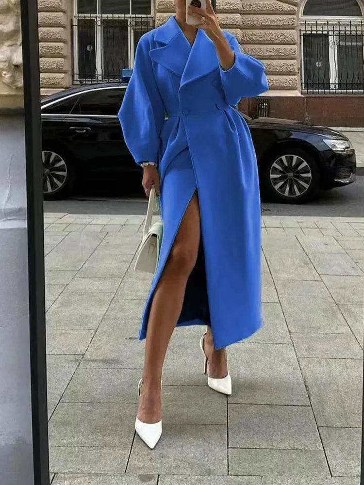Women's Stylish Lantern Sleeve Overcoat - Elegant Long Trench Coat for Fall & Winter - Perfect for Office, Date Night & Special Occasions
