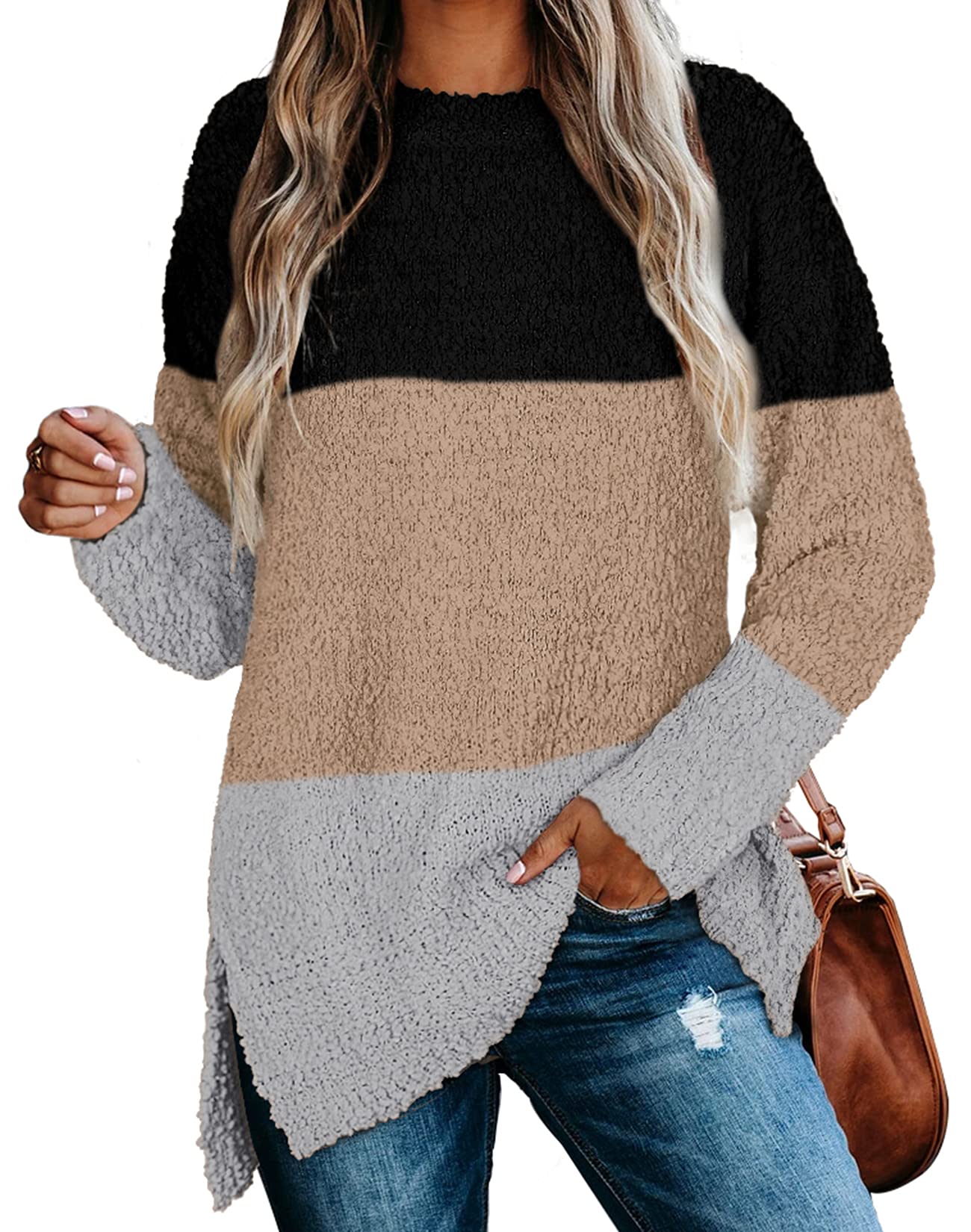 NIASHOT Women's Crewneck Long Sleeve Sweater Tunic Top with Side Slits - Perfect for Leggings, Fall Layering & Casual Outfits