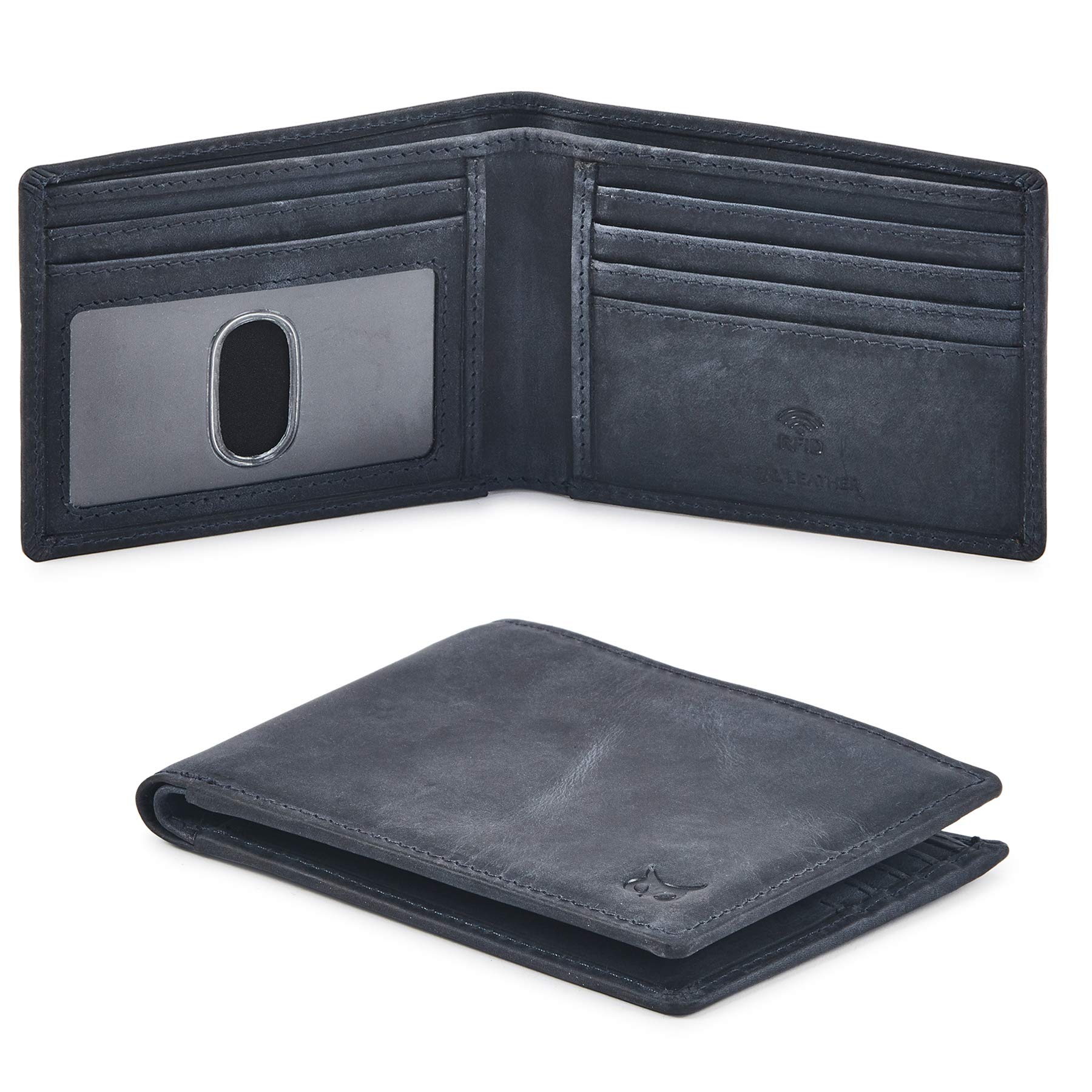Genuine Leather Men's RFID Blocking Bifold Wallet - Slim Minimalist Front Pocket Design with ID Window | Thin & Stylish Gift Box (Crazy Horse, Navy) - Perfect for Everyday Carry, Travel & Business
