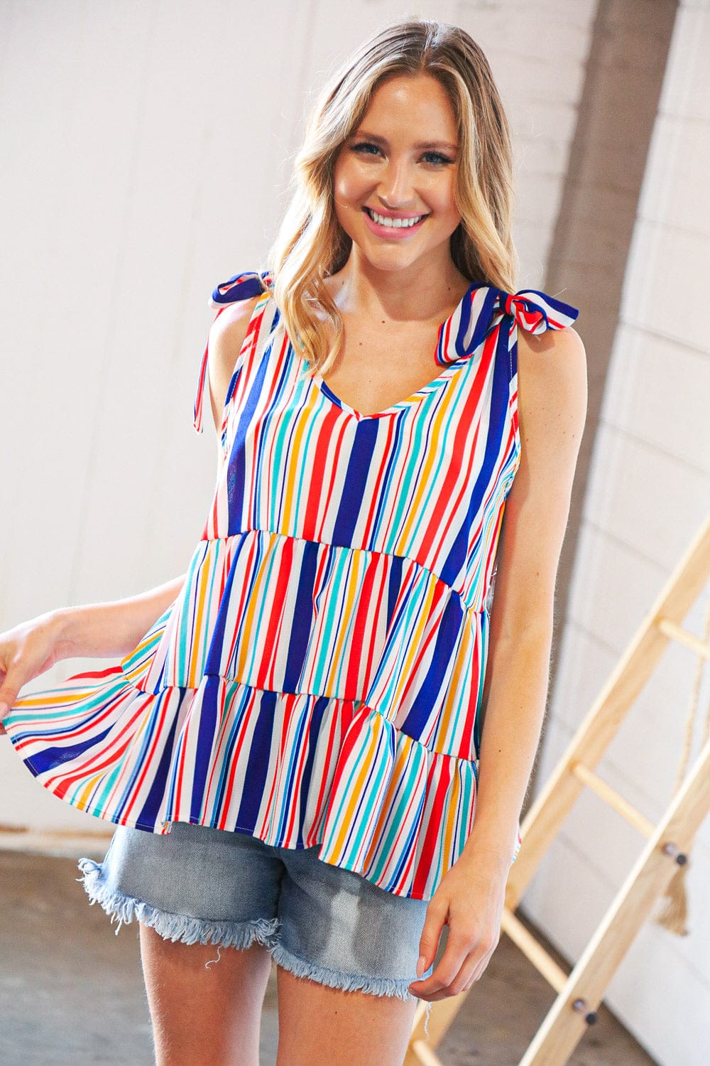Stylish Multicolor Vertical Stripe Bow Tie Woven Blouse for Women | Elegant Office Wear & Party Outfit