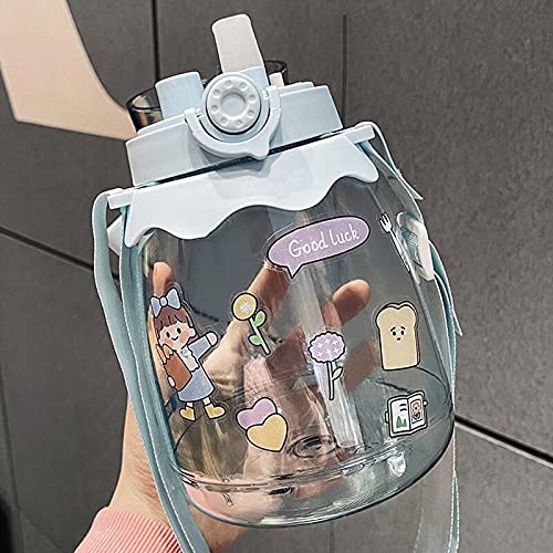 1.3L Kawaii Water Bottle with Straw & Stickers - Large Cute Water Bottle for Women, Girls, Teens - Leakproof BPA-Free Sports Bottle for Gym, School, Work, Hiking (Blue)