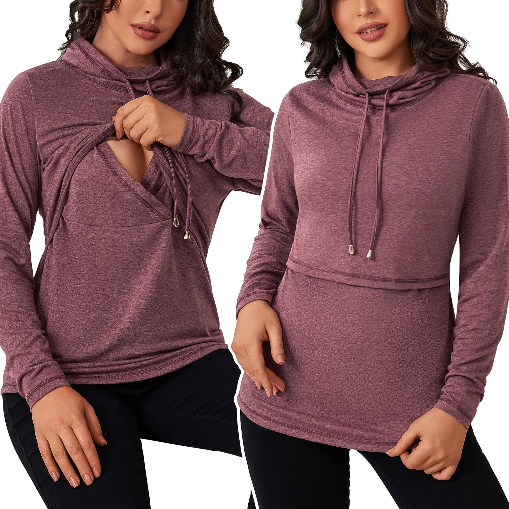 GINKANA Women's Nursing Tops - Long Sleeve Breastfeeding Shirts with Drawstring Cowl Neck - Comfortable Nursing Tee for Moms - Perfect for Nursing, Pumping & Everyday Wear