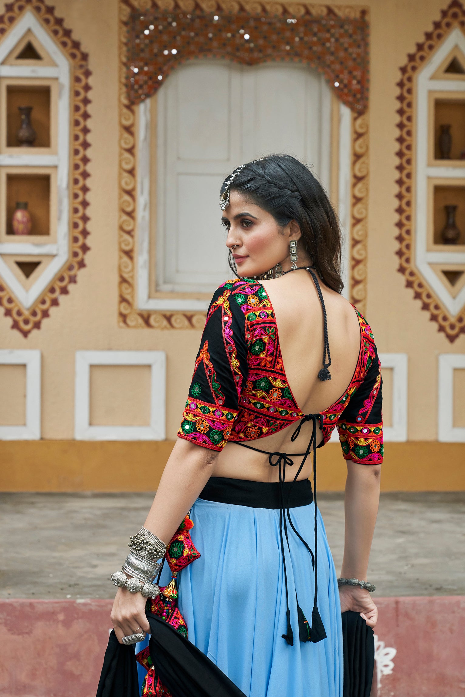 Black and Red Embroidered Rayon Navratri Lehenga Choli (D564) - Traditional Indian Dance Costume for Festivals, Weddings & Cultural Performances