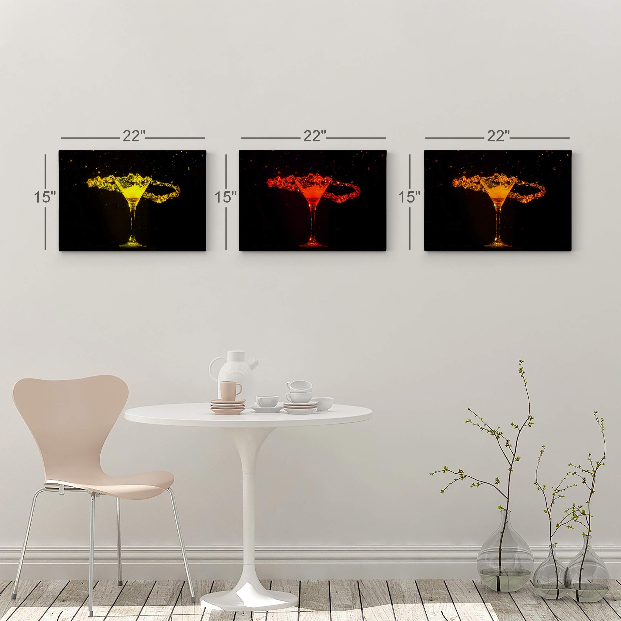 Vibrant Alcohol Cocktails Splashing 3-Piece Canvas Wall Art Set - Modern Kitchen, Bar & Dining Room Decor - Perfect for Restaurants, Cafes & Home Entertaining - Housewarming Gift Idea - Ready to Hang (19x28 Inches, Set of 3)