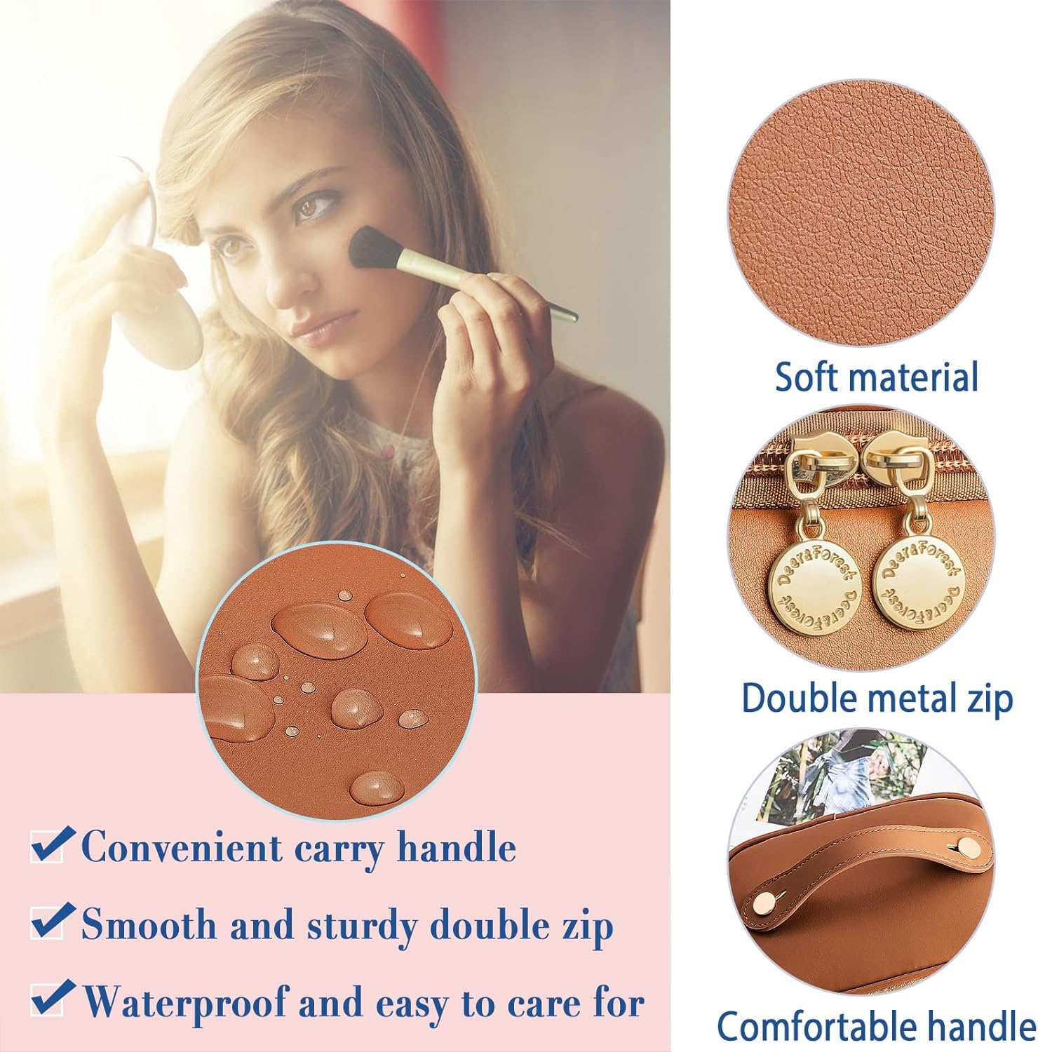 Waterproof Travel Makeup Bag for Women - Zippered Cosmetic Organizer Pouch for Brushes, Toiletries & Accessories (10cm, Brown) | Perfect for Travel, Gym & Daily Use