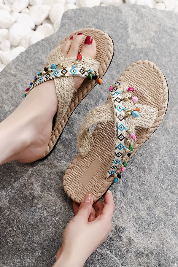 Bohemian Ethnic Style Tassel Beach Sandals - Comfortable Handmade Summer Shoes for Women, Perfect for Beach Vacations, Music Festivals & Boho Fashion Outfits