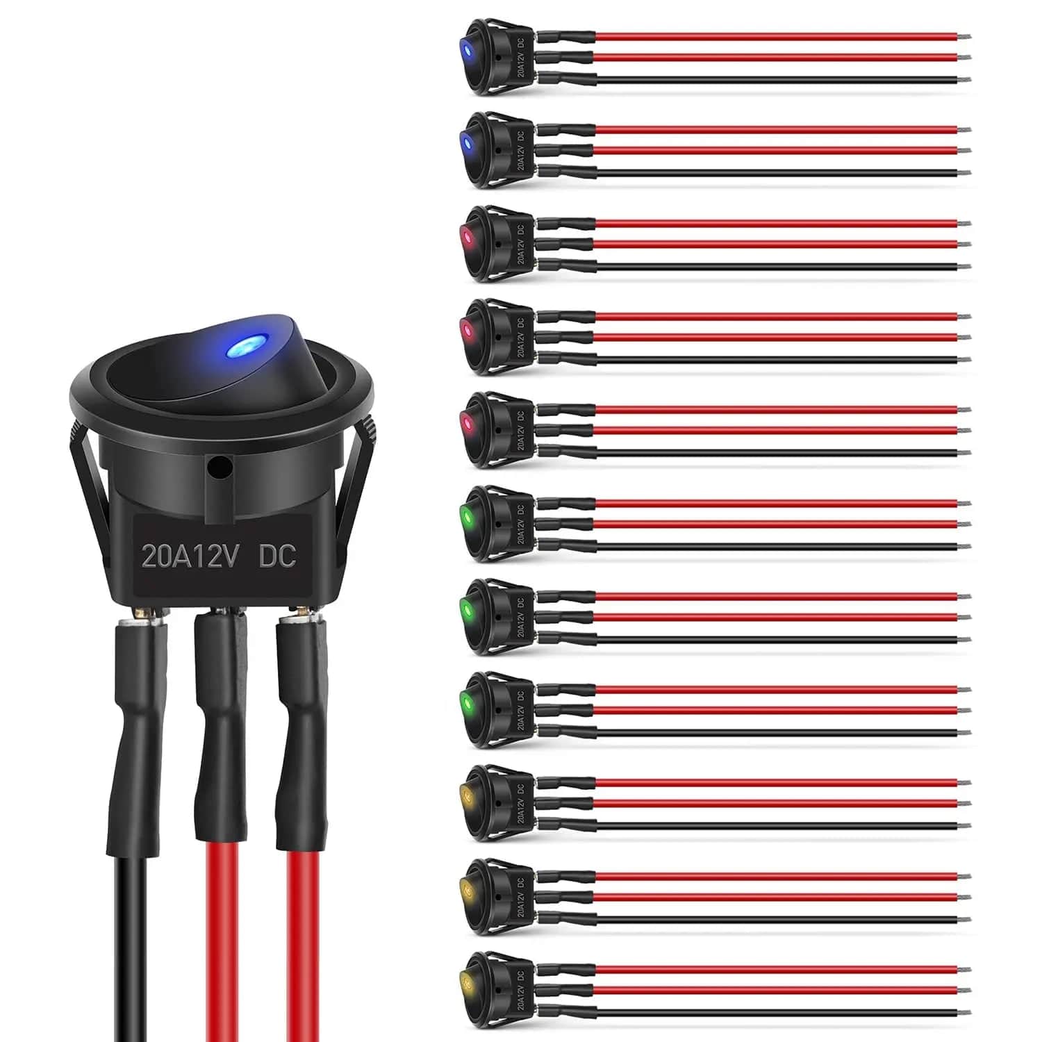 12Pcs 12V 20A Round Toggle LED Switch With Wires - Waterproof On/Off Power Switch for Marine, RV, Car, Boat, Truck & DIY Electrical Projects