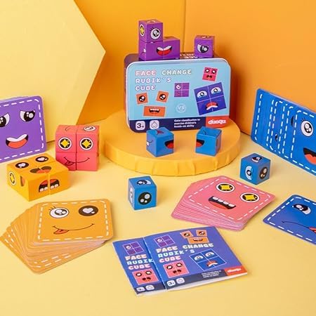 KIDDIVILLA Wooden Emoji Cube - Face Changing Expression Matching Puzzle Game for Kids Ages 3+ | Fun Educational Toy for Emotional Learning & Family Game Night