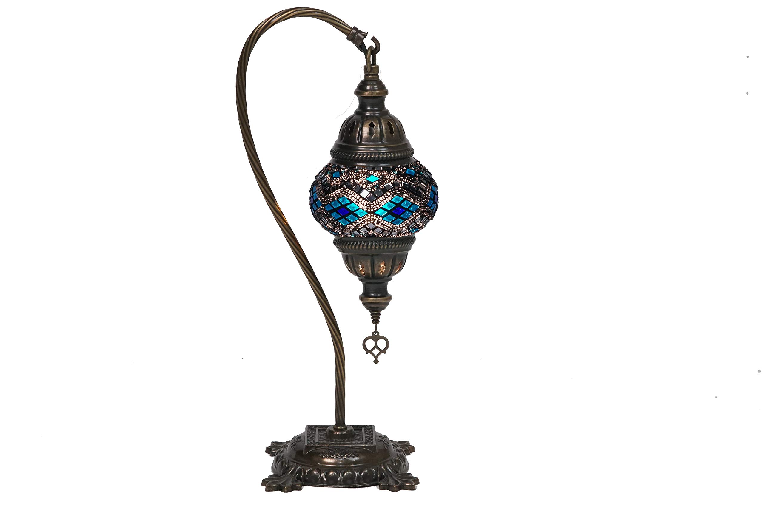 LaModaHome Handmade Turkish Moroccan Mosaic Glass Swan Neck Table Lamp - Decorative Dark Copper Fixture for Bedroom, Living Room & Winter Garden - Perfect for Coastal & Boho Home Decor