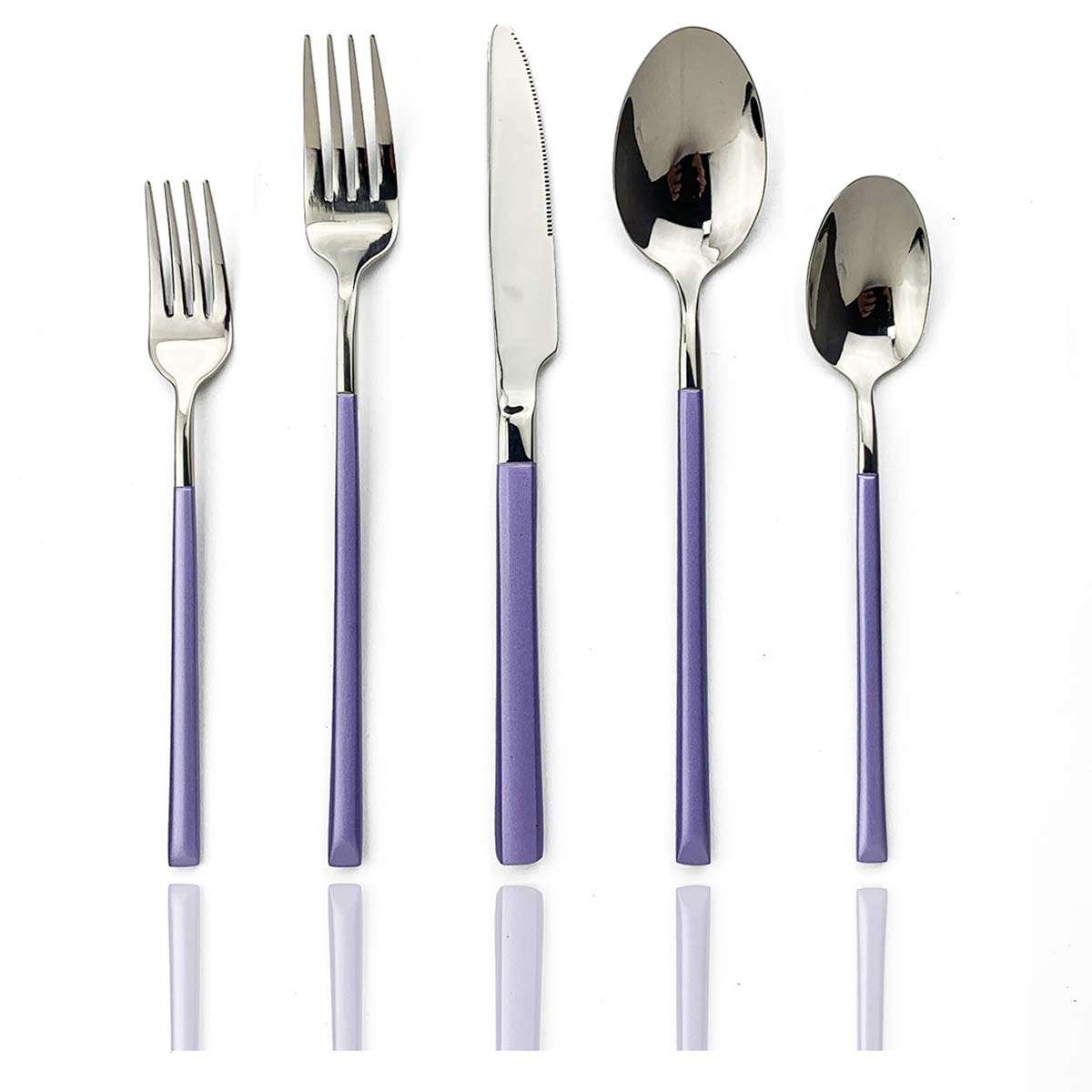 JASHII 5-Piece Modern Silverware Set - 18/10 Stainless Steel Flatware with Square Edge - Elegant Mirror Polished & Dishwasher Safe Kitchen Utensils for 1 (Purple Silver) - Perfect for Dining, Gifts & Home Decor